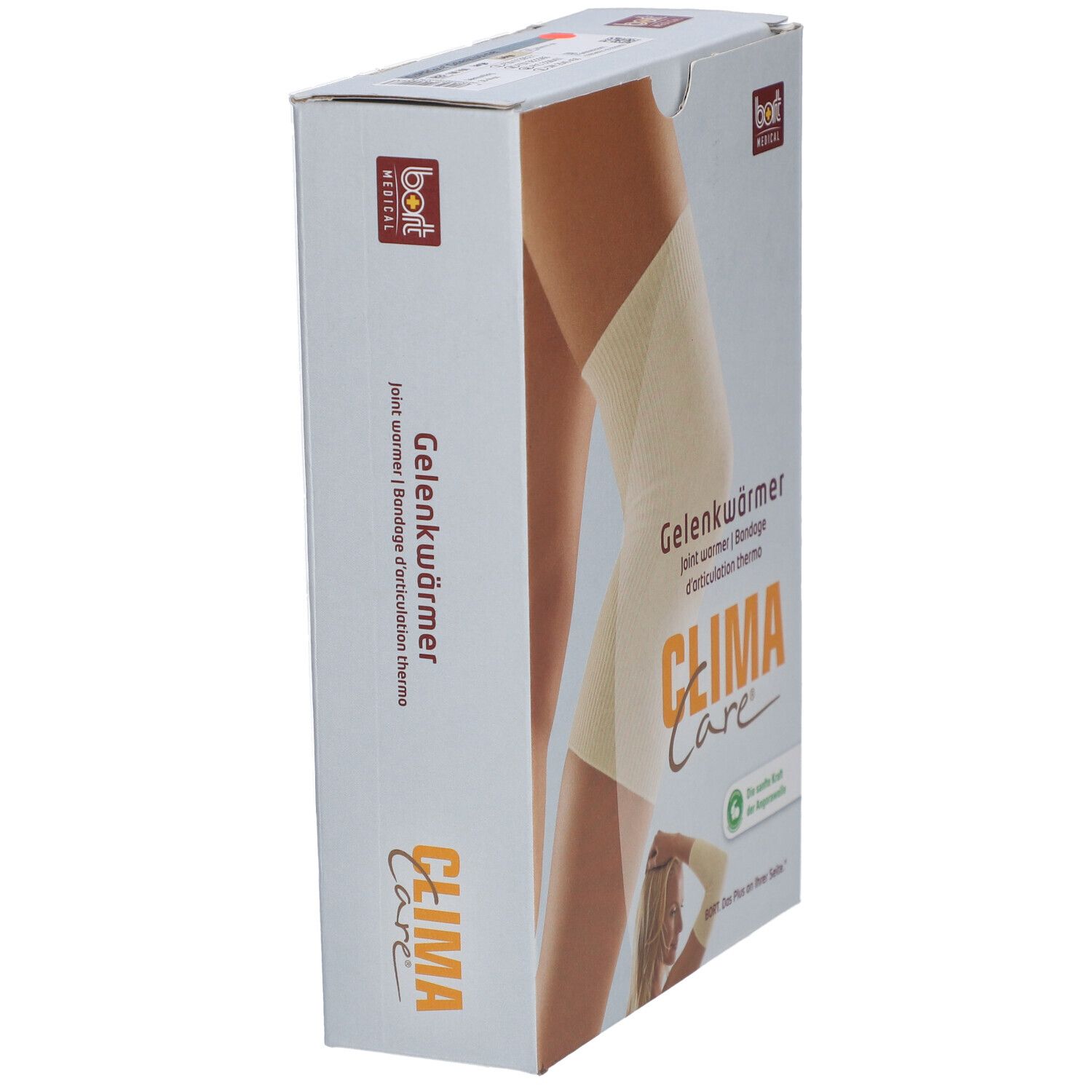Vue latérale de l'emballage de Gelenkwärmer. Inscription : Gelenkwärmer, CLIMA Care, BORT MEDICAL. Illustration : jambe avec bandage.