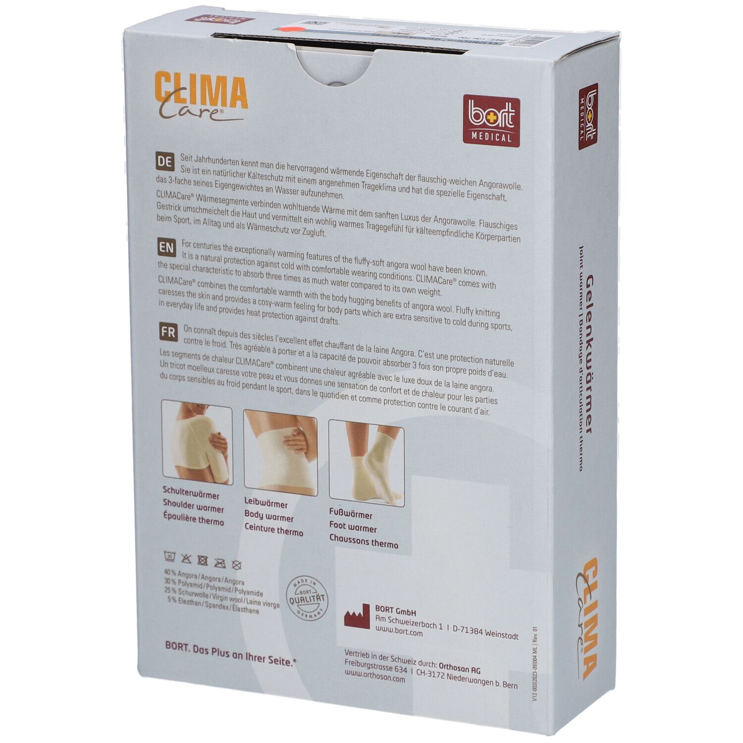 Dos de l'emballage avec informations sur le produit. Texte en allemand, anglais et français. Illustrations : application.