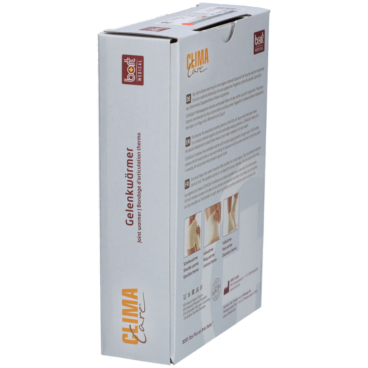 Vue latérale de l'emballage avec informations sur le produit. Texte en allemand, anglais et français. Illustrations : application.