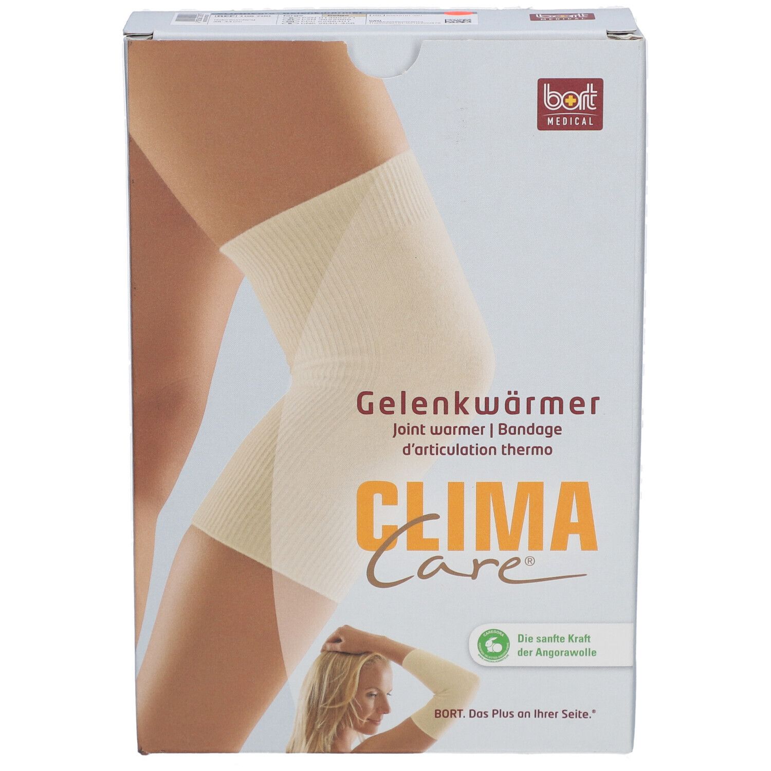 Emballage de Gelenkwärmer. Inscription : Gelenkwärmer, CLIMA Care, BORT MEDICAL. Illustration : jambe avec bandage.