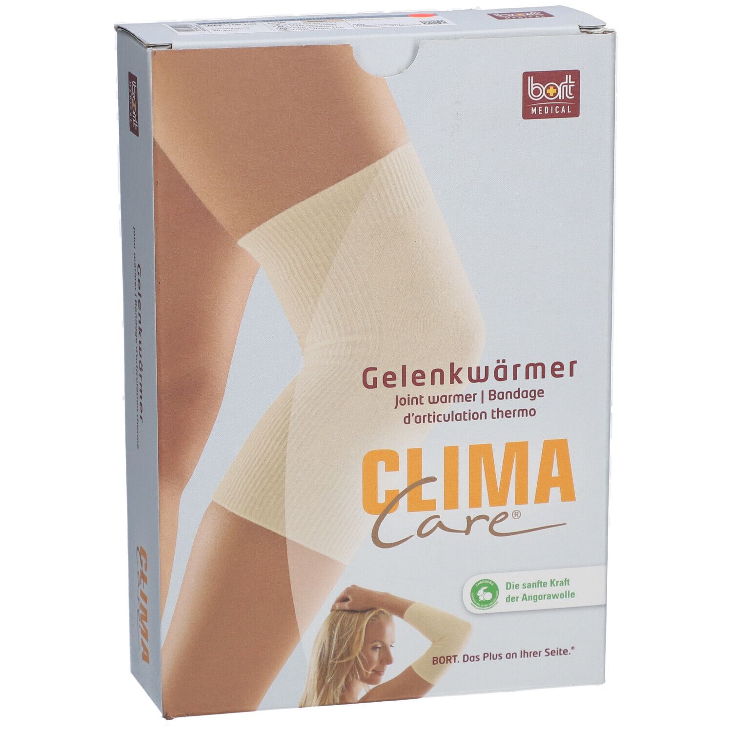 Emballage de Gelenkwärmer. Inscription : Gelenkwärmer, CLIMA Care, BORT MEDICAL. Illustration : jambe avec bandage.