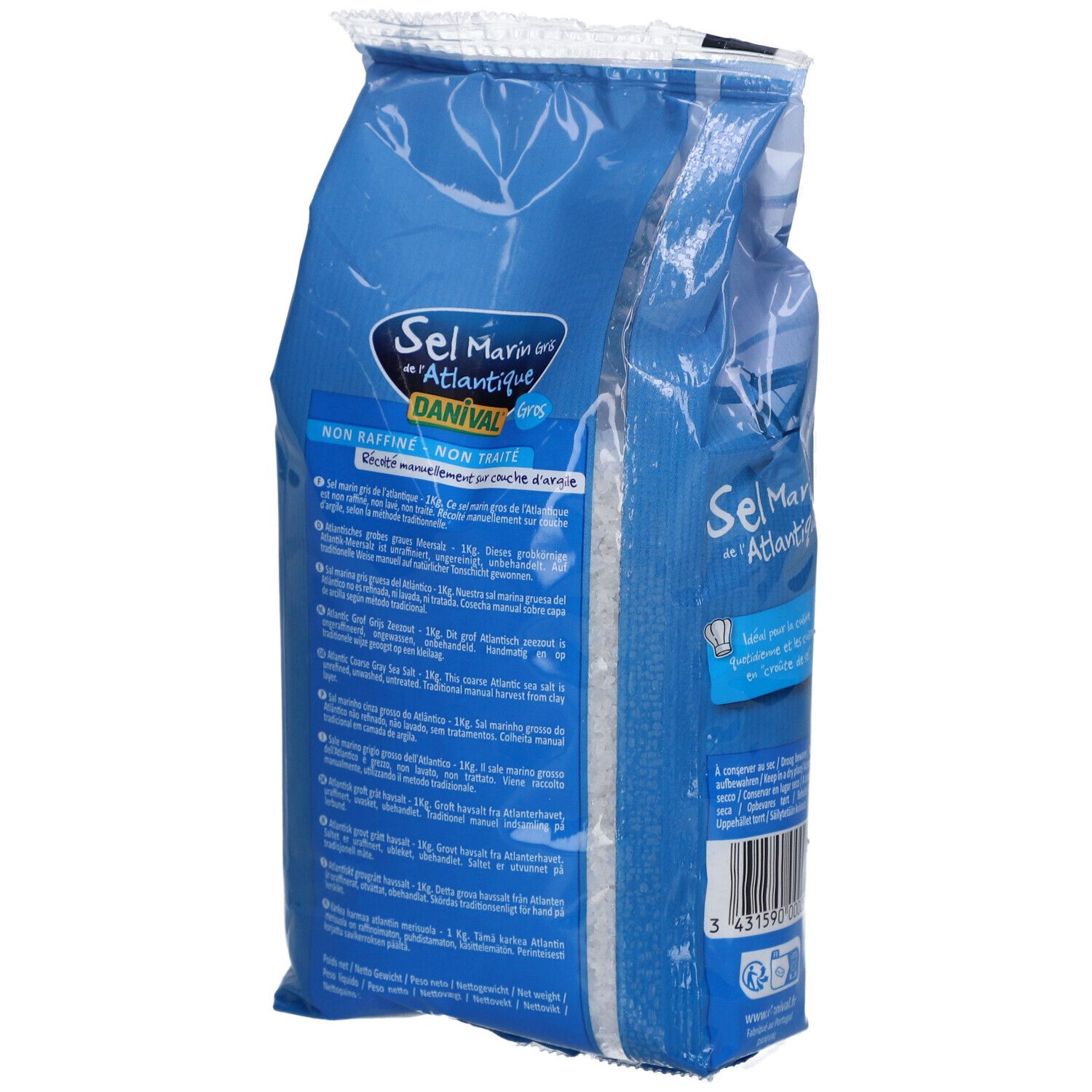 Emballage bleu de sel marin de l'Atlantique. Nom et logo du produit visibles. Texte et informations au dos.