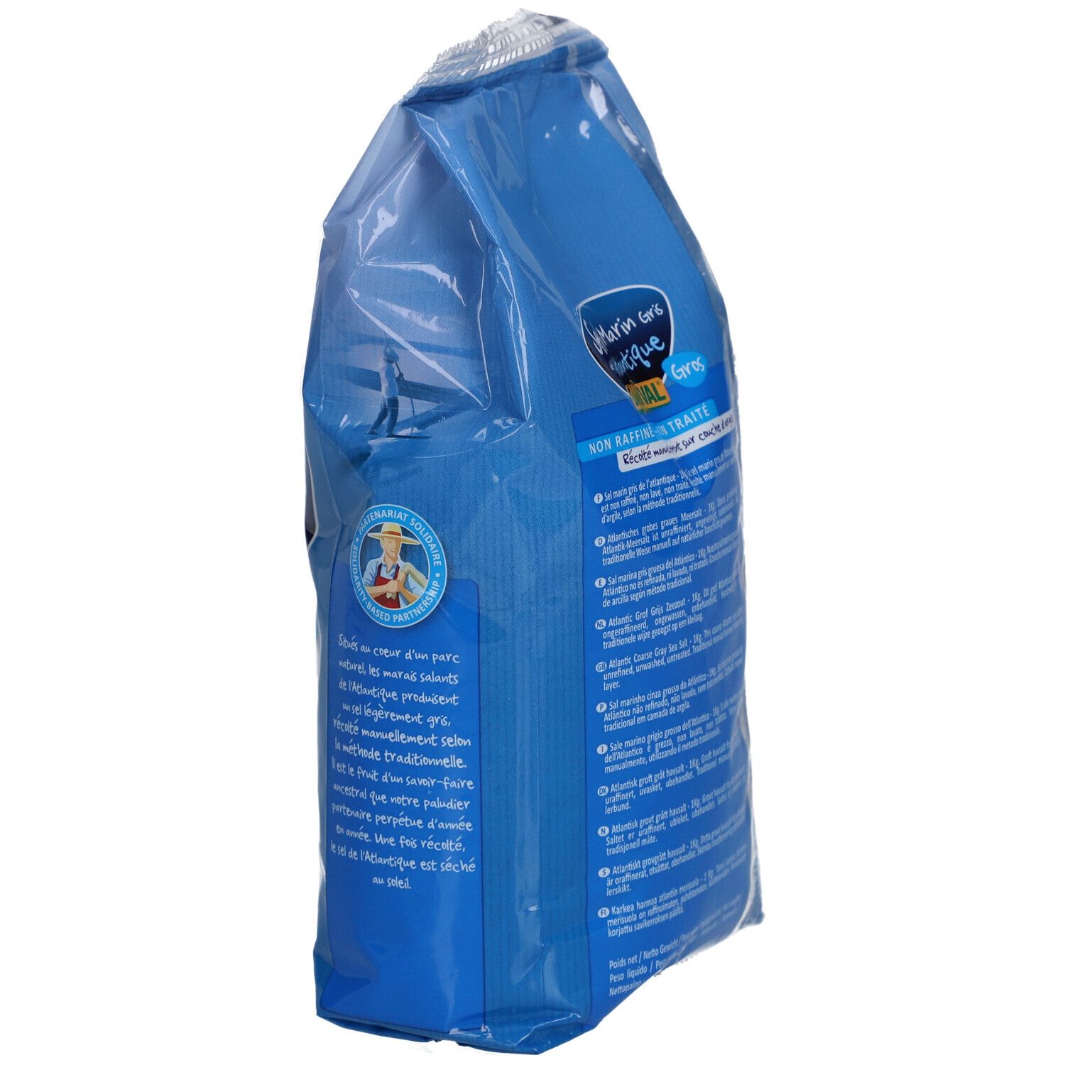 Emballage bleu de sel marin de l'Atlantique. Nom et logo du produit visibles. Texte et illustrations au dos.