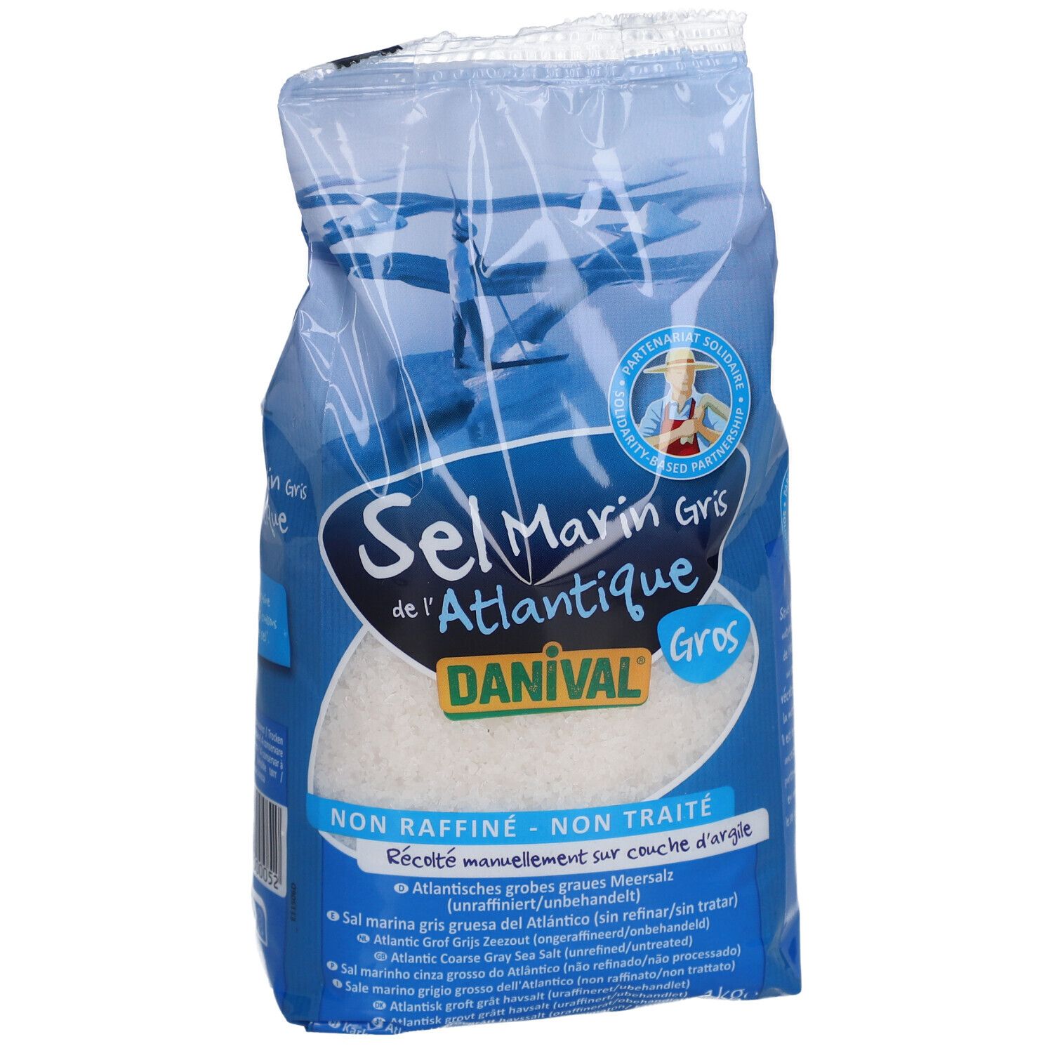 Emballage de gros sel marin de l'Atlantique. Emballage bleu avec nom et logo du produit. Sel grossier visible.