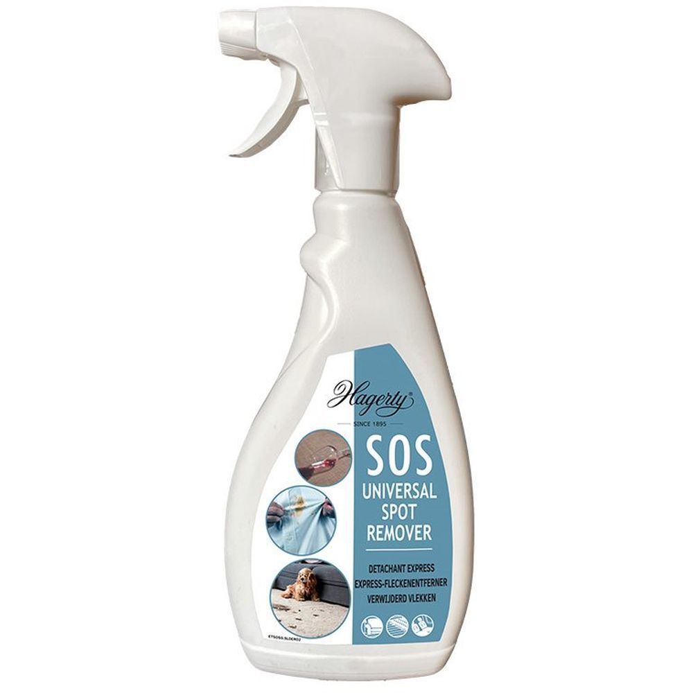 Flacon pulvérisateur blanc Hagerty SOS Universal Spot Remover. Étiquette avec exemples d'utilisation. Tête de pulvérisation.