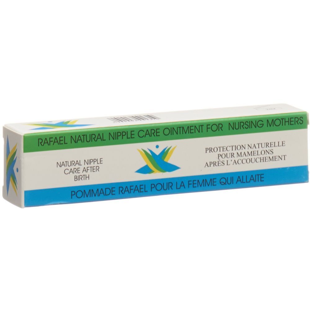 Boîte de RAFAEL pour mamelons. Blanche, verte et bleue. Texte: RAFAEL NATURAL NIPPLE CARE OINTMENT FOR NURSING MOTHERS.