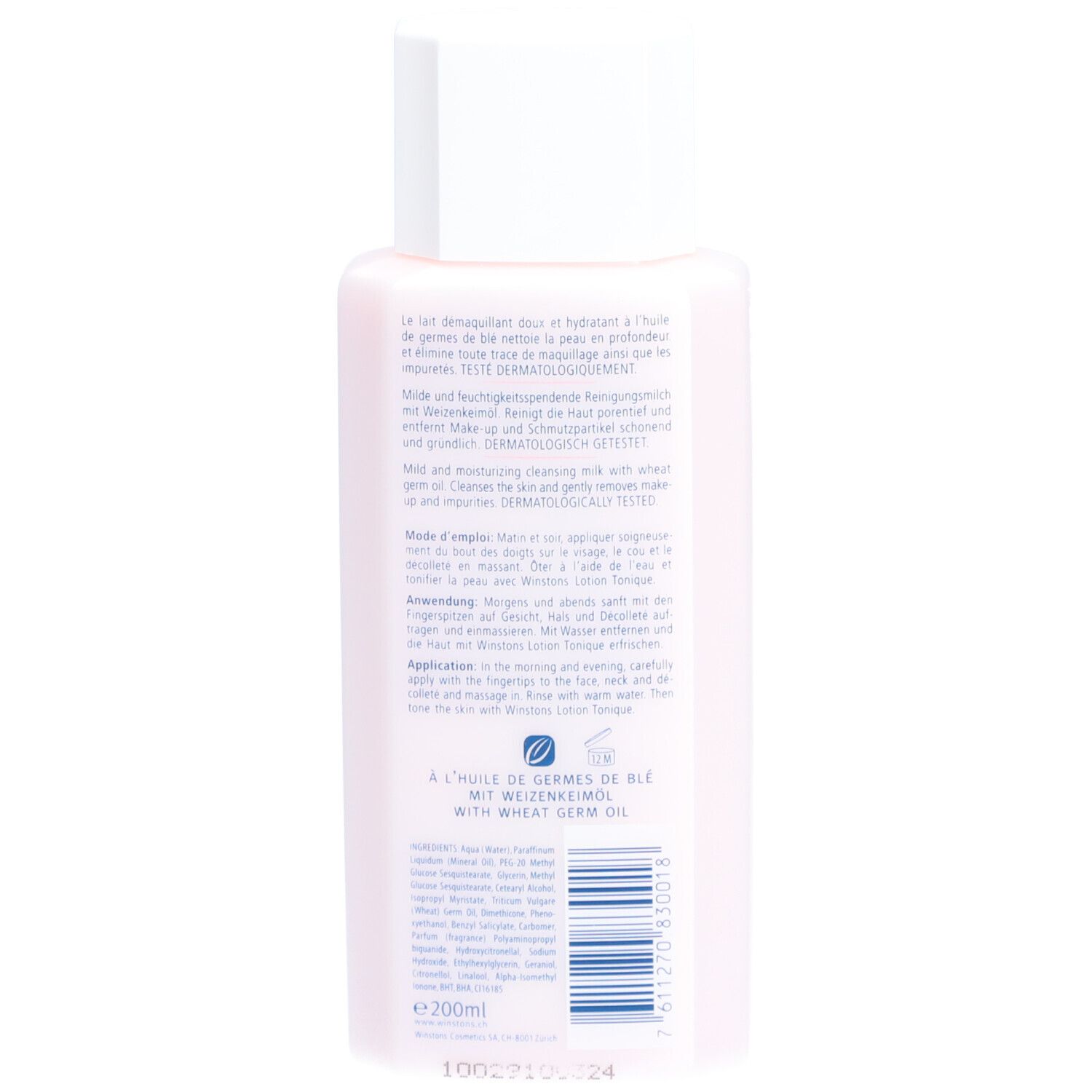 Dos du flacon rose. Texte en allemand, français et anglais. À l'huile de germes de blé. Code-barres et indication de volume.