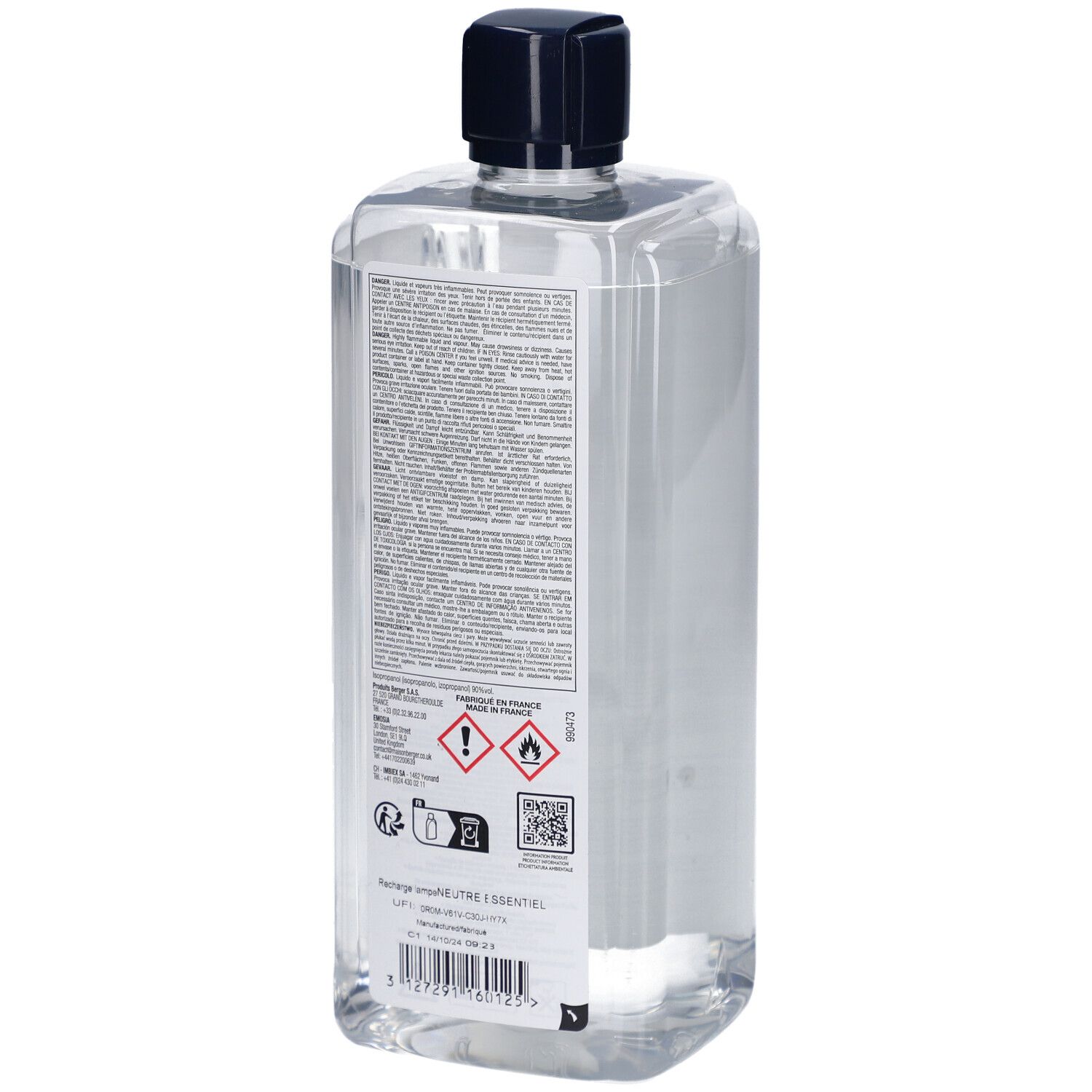 Dos d'un flacon transparent avec bouchon noir. Texte sur l'étiquette: avertissements, symboles de danger, code QR et informations produit.
