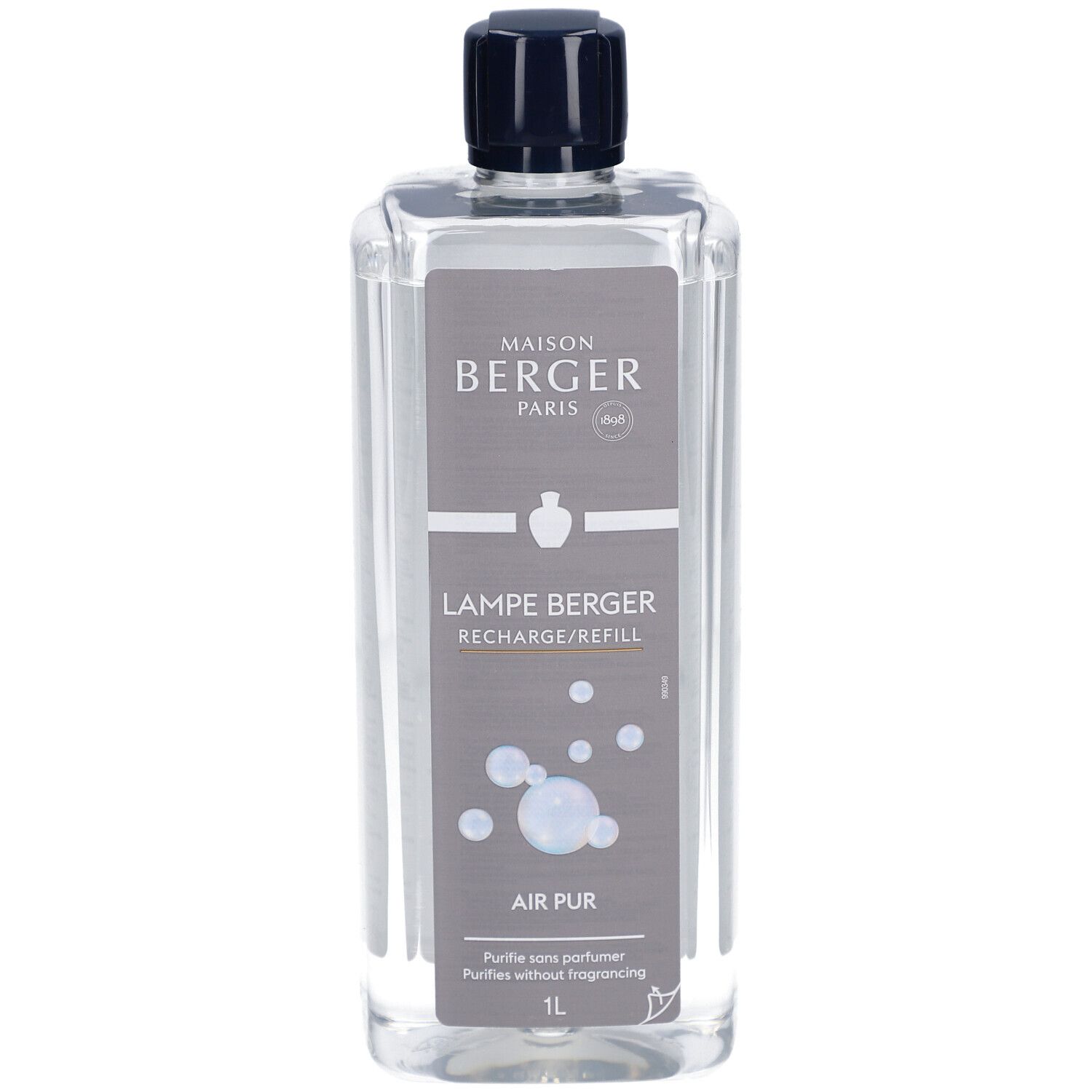 Flacon rectangulaire transparent avec bouchon noir. Étiquette grise avec texte: Maison Berger Paris, Lampe Berger, Air Pur, 1L.