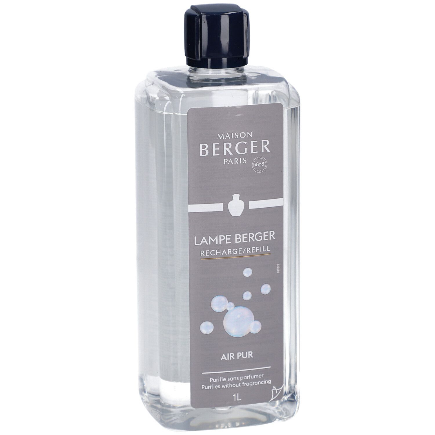 Flacon transparent avec bouchon noir. Étiquette grise avec texte: Maison Berger Paris, Lampe Berger, Air Pur, 1L.
