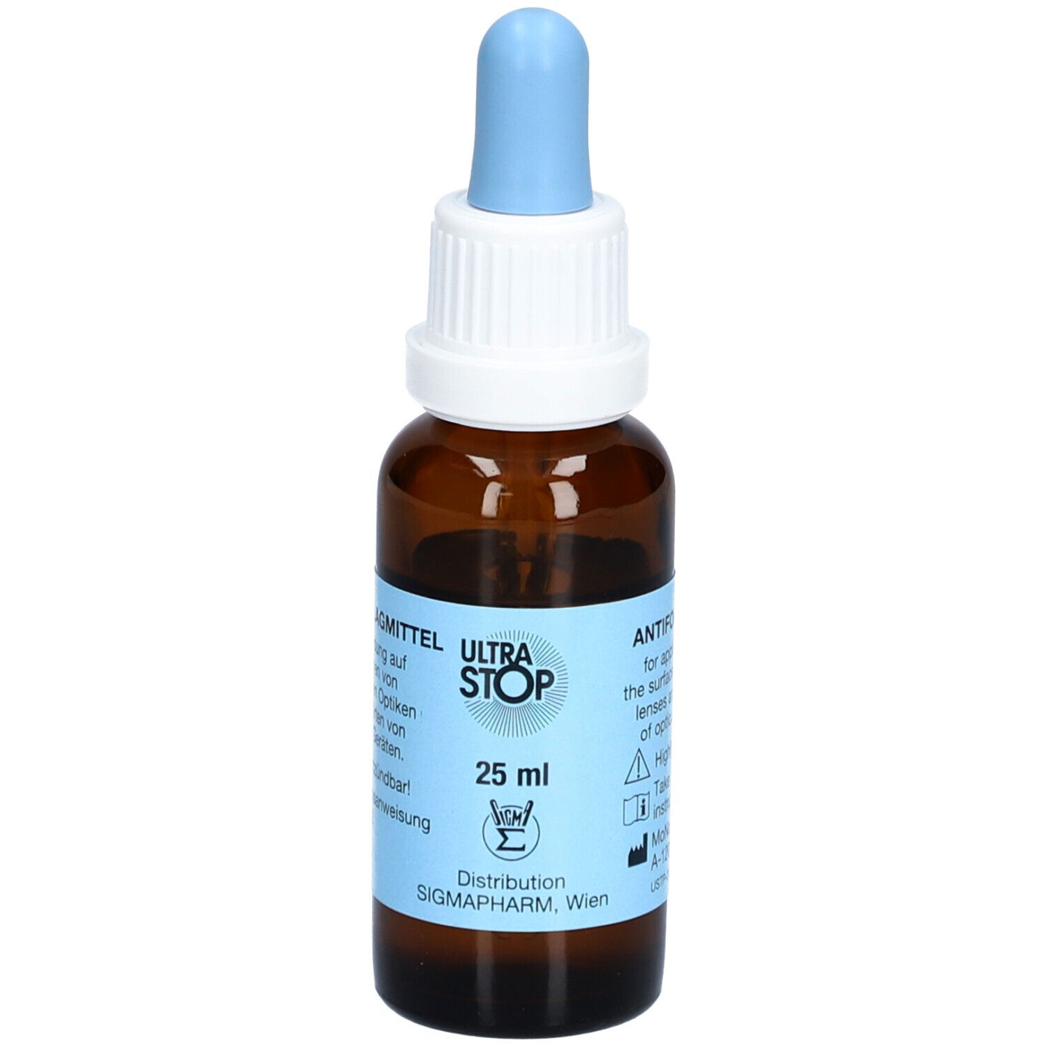 Flacon brun avec pipette bleue. Inscription: ULTRASTOP, 25 ml. Étiquette avec informations.