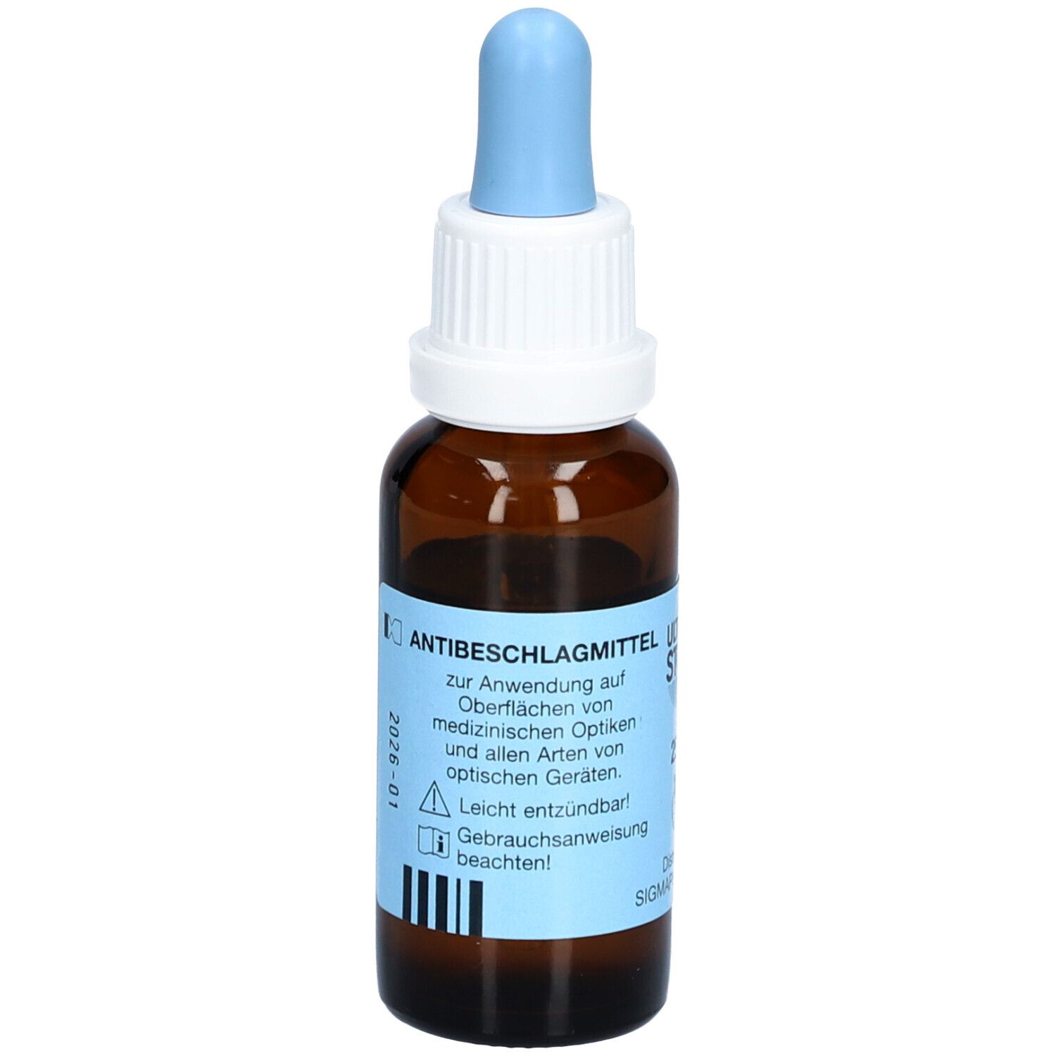 Flacon brun avec pipette bleue. Autocollant avec texte: Agent antibuée, pour application sur les surfaces.