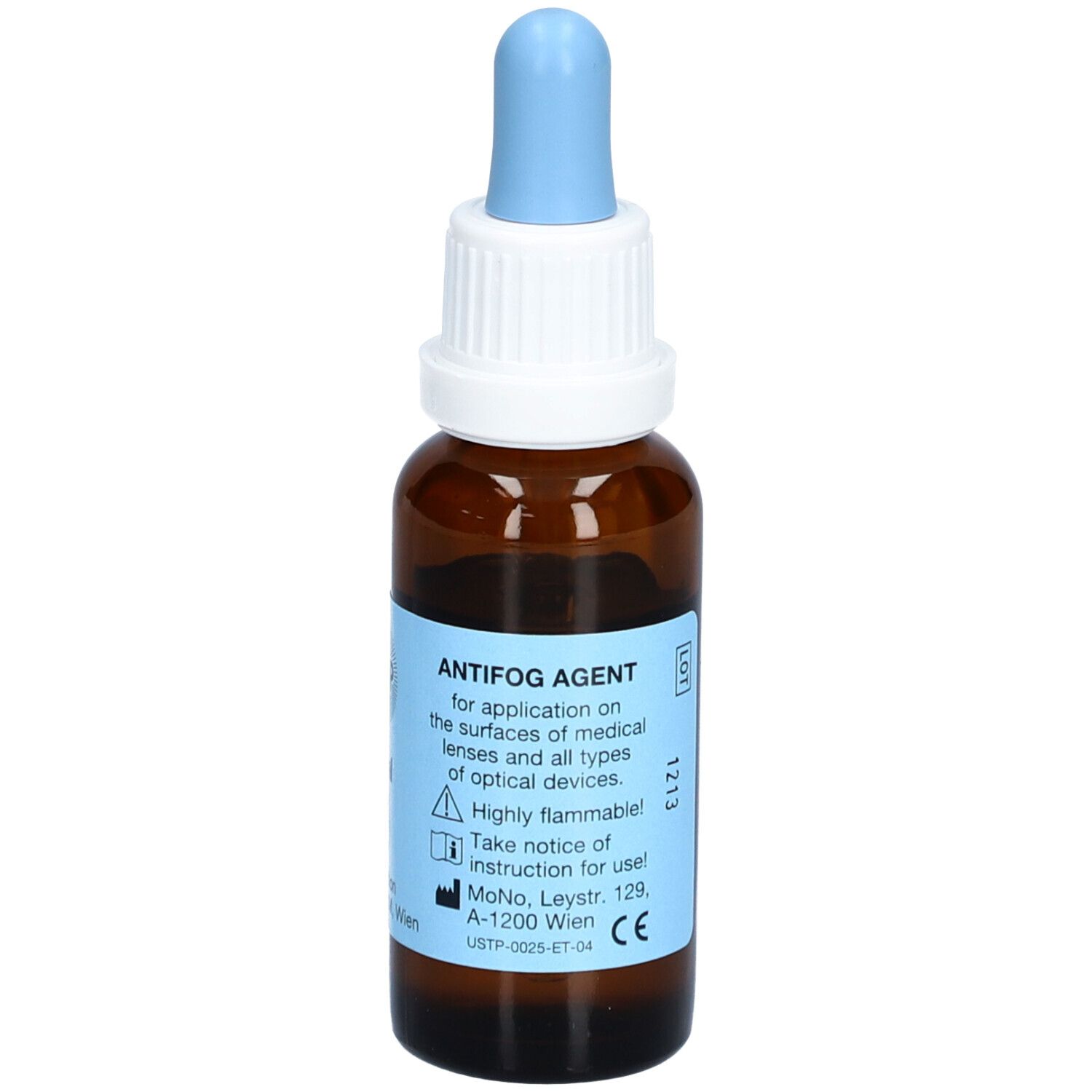 Flacon brun avec pipette bleue. Autocollant avec texte: Agent antibuée, pour lentilles médicales.