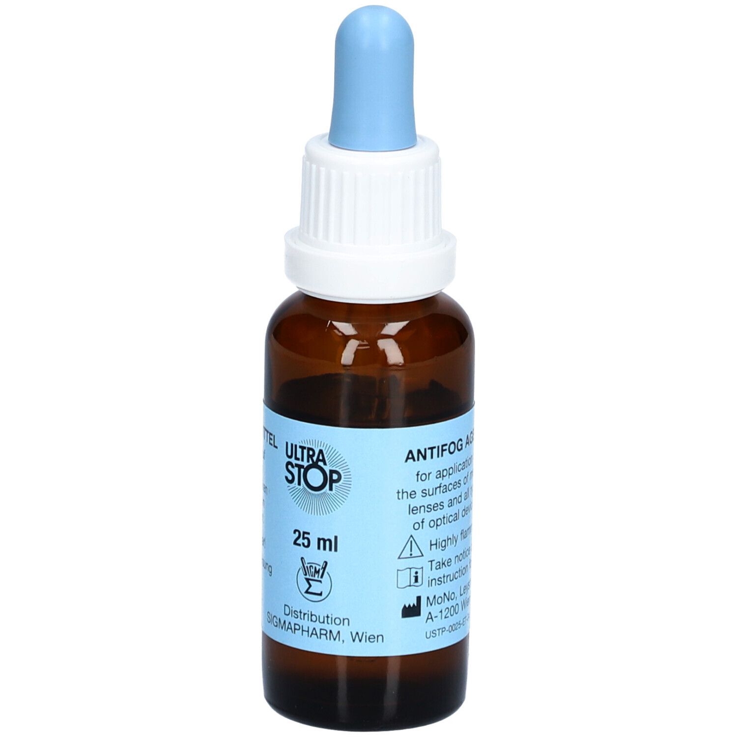 Flacon brun avec pipette bleue. Autocollant avec texte: ULTRASTOP, 25 ml, et informations.