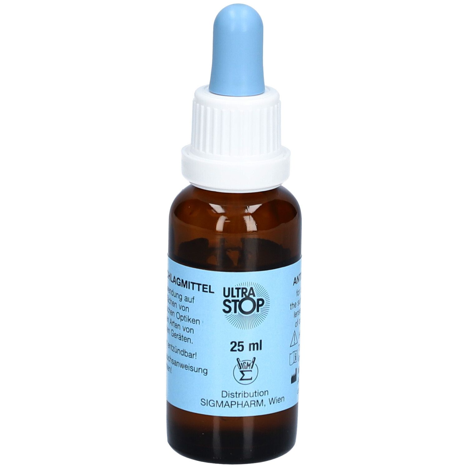 Flacon brun avec pipette bleue. Autocollant avec texte: ULTRASTOP, 25 ml, et informations.