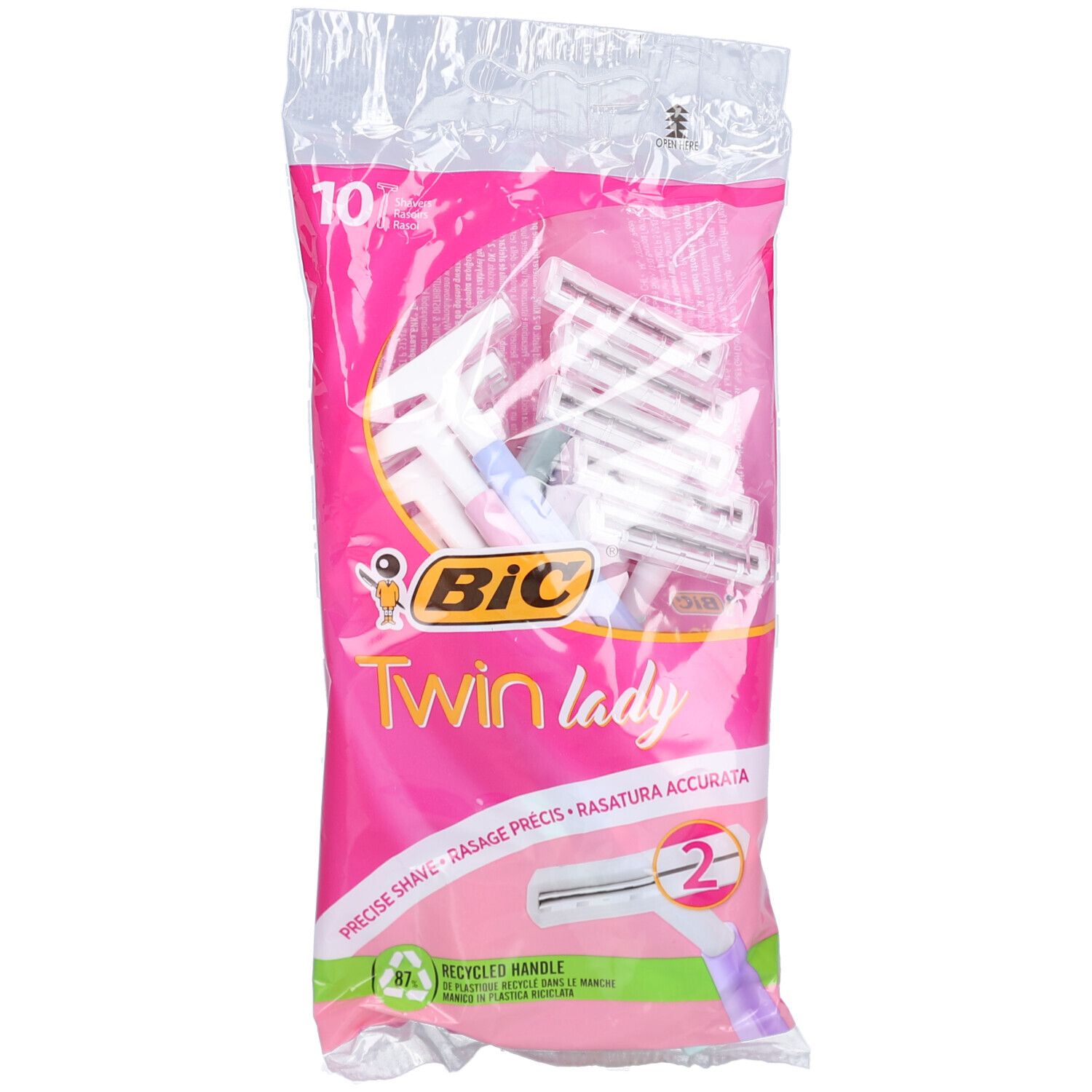Paquet de 10 rasoirs jetables. BIC Twin lady, emballage rose. Texte: Precise shave, Rasage précis, Rasatura accurata.