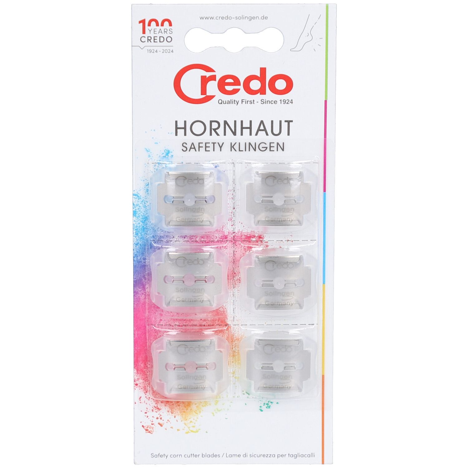 Emballage de six lames de sécurité. Lames dans des supports en plastique transparent. Marque Credo, texte "Hornhaut Safety Klingen".