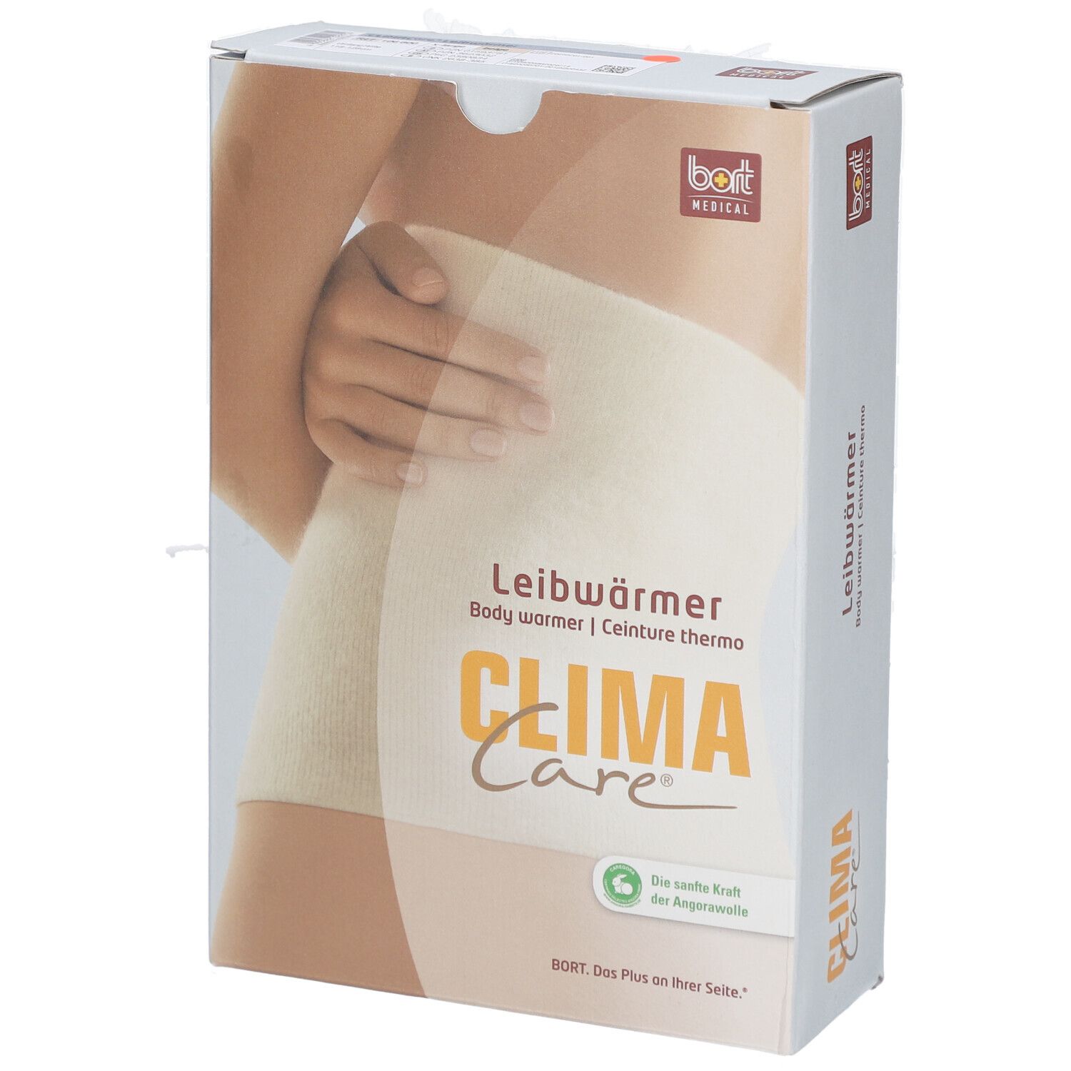 Emballage CLIMACare® Leibwärmer. Illustration du produit sur un corps. Inscriptions : Leibwärmer, CLIMA Care, bort MEDICAL.