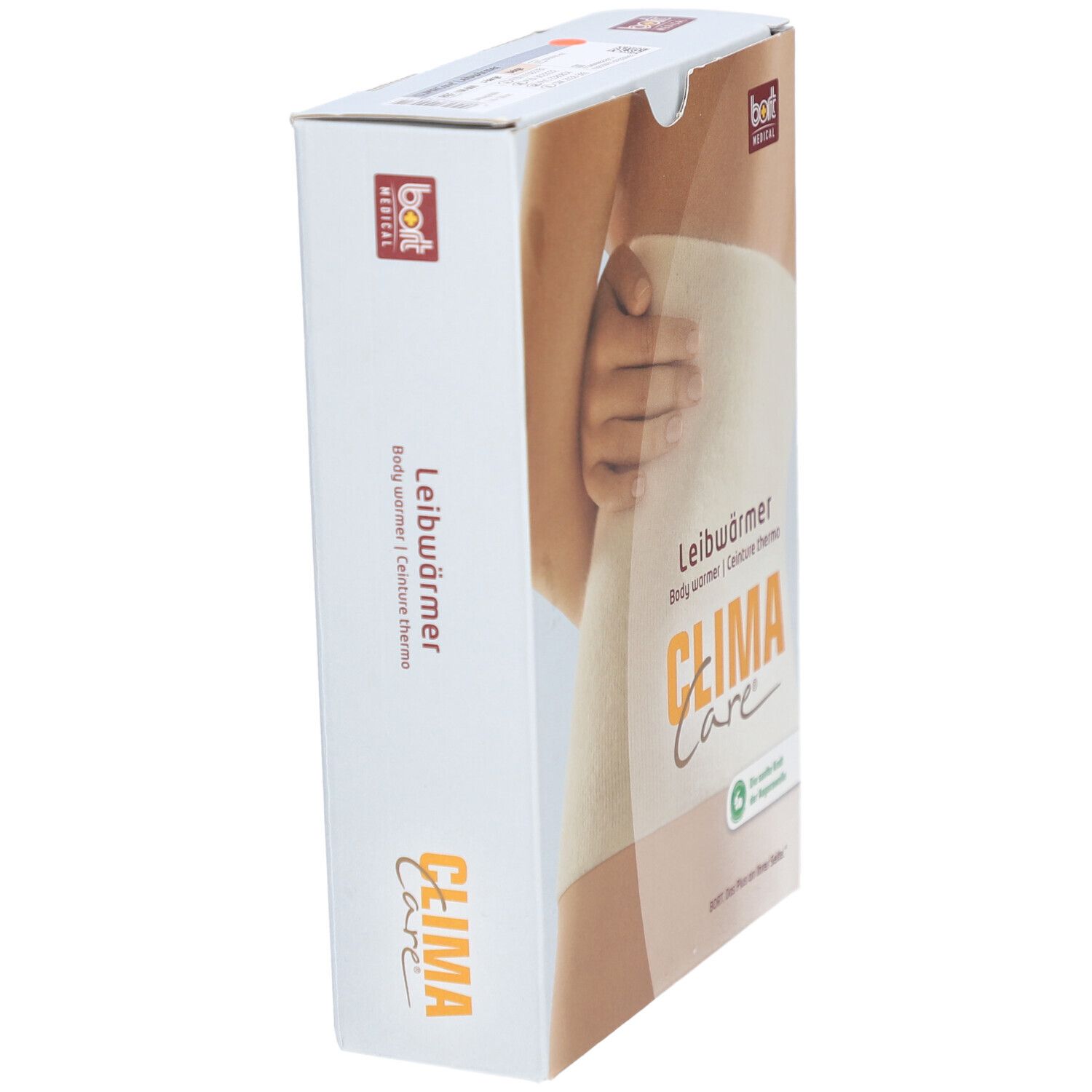 Emballage CLIMACare® Leibwärmer. Vue latérale avec illustration du produit. Inscriptions : Leibwärmer, CLIMA Care, bort MEDICAL.