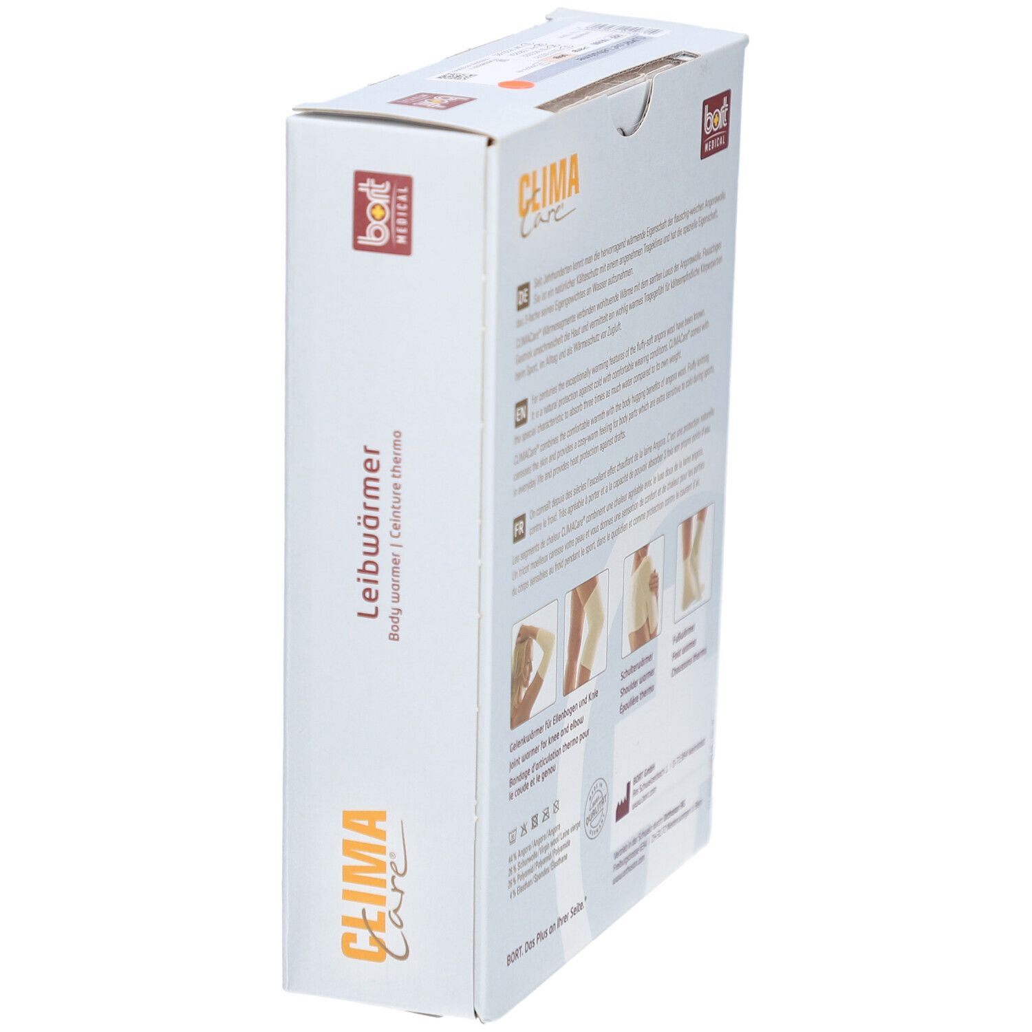 Emballage CLIMACare® Leibwärmer. Vue latérale avec texte et illustration du produit. Inscriptions : Leibwärmer, CLIMA Care.