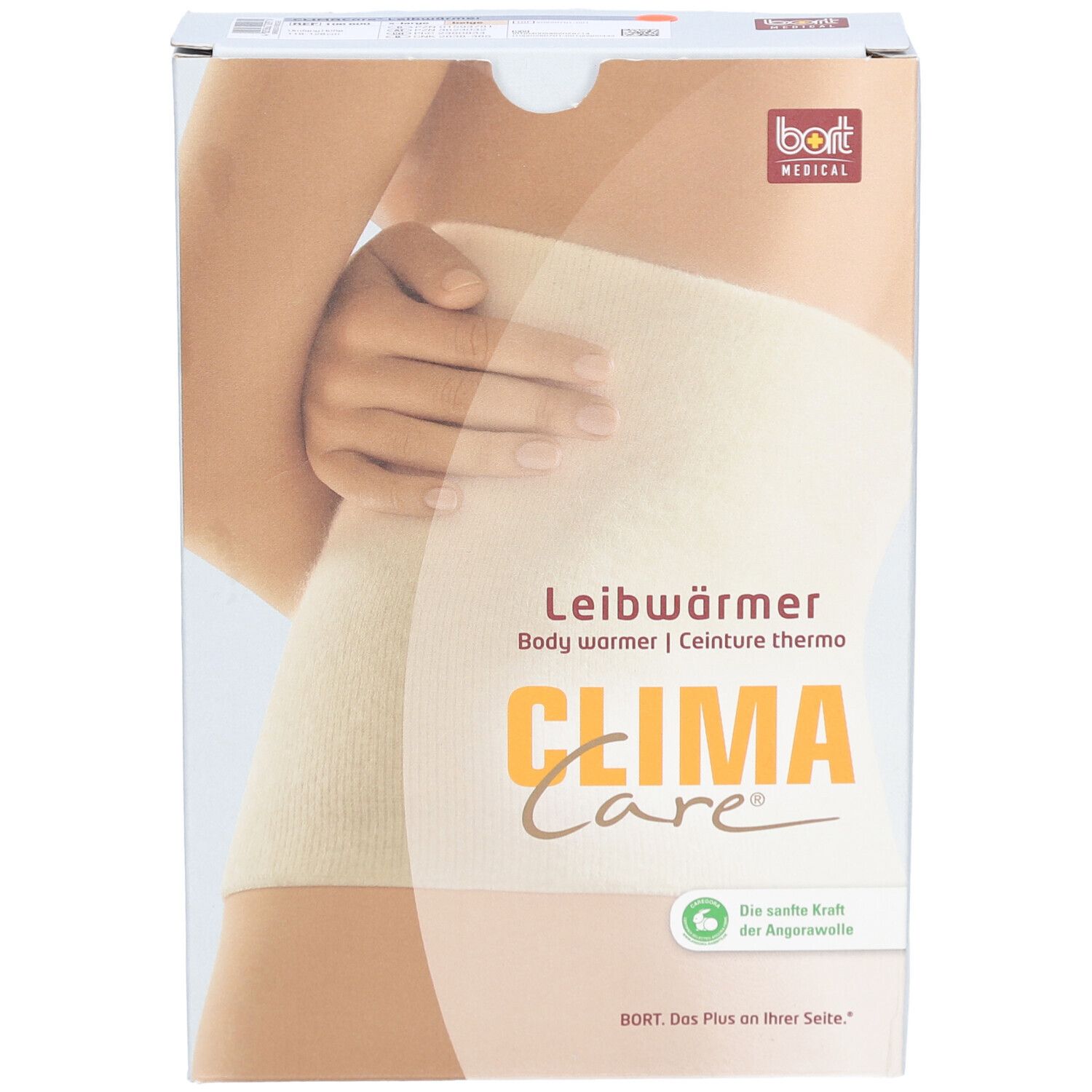 Emballage CLIMACare® Leibwärmer. Illustration du produit sur un corps. Inscriptions : Leibwärmer, CLIMA Care, bort MEDICAL.