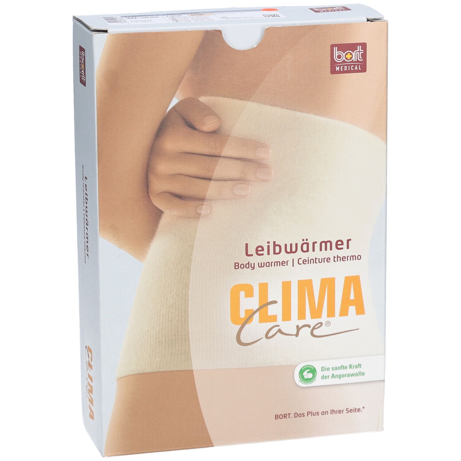 Emballage CLIMACare® Leibwärmer. Illustration du produit sur un corps. Inscriptions : Leibwärmer, CLIMA Care, bort MEDICAL.