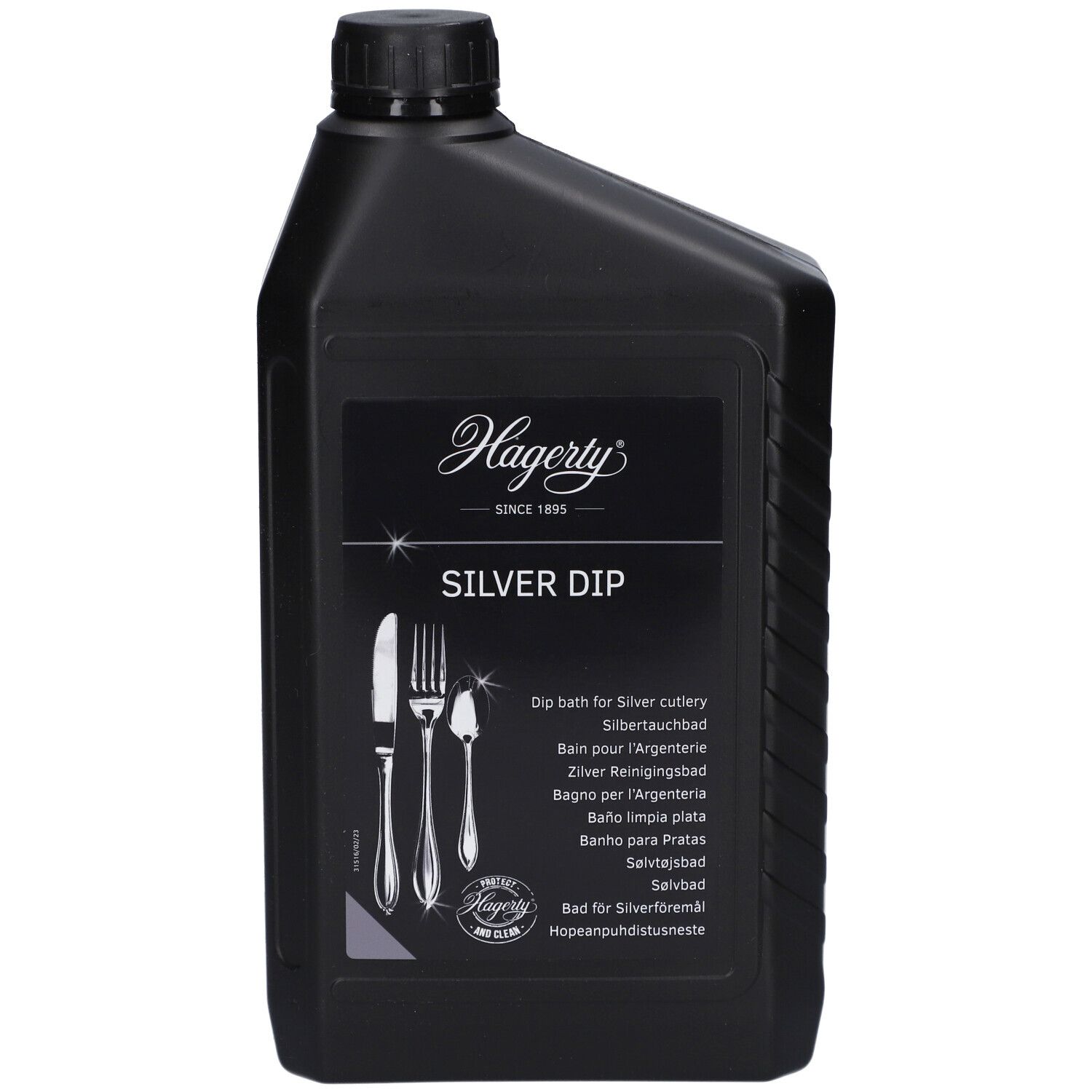 Flacon noir avec étiquette Hagerty. Illustrations de couverts en argent. Texte : Silver Dip, bain argent.