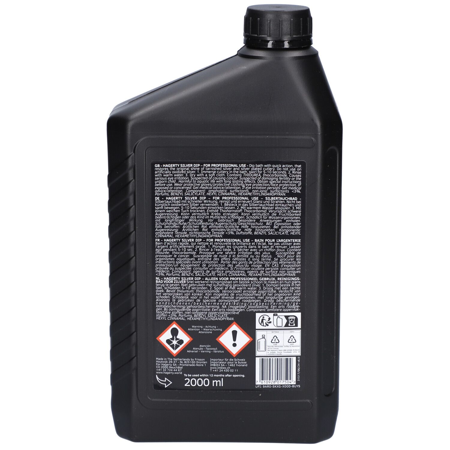 Dos du flacon noir. Texte et symboles d'avertissement. Volume : 2000 ml.