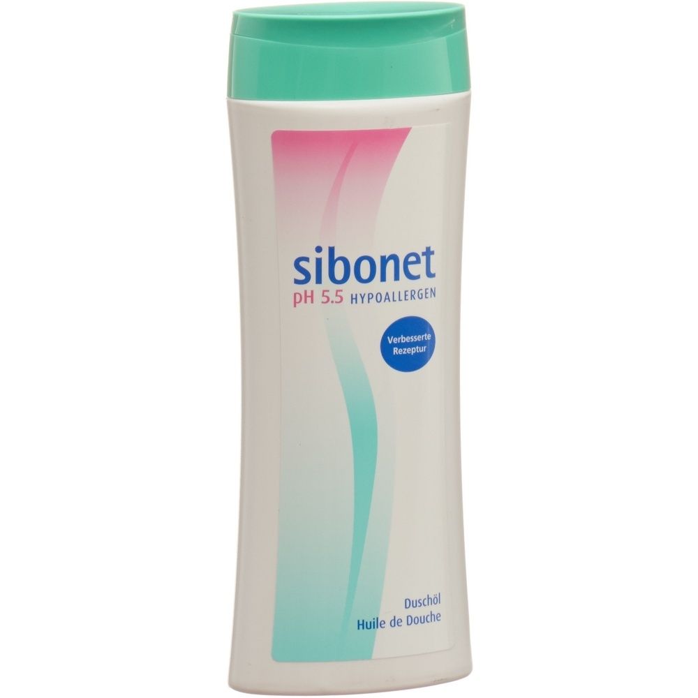 Flacon blanc et vert avec design rose et bleu. Inscription: sibonet pH 5.5 hypoallergénique. Huile de douche.