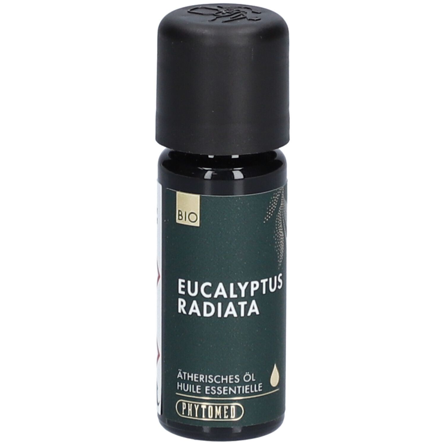 Flacon en verre brun avec bouchon noir. Inscription: Eucalyptus Radiata, Huile essentielle, BIO. Marque: PHYTOMED.