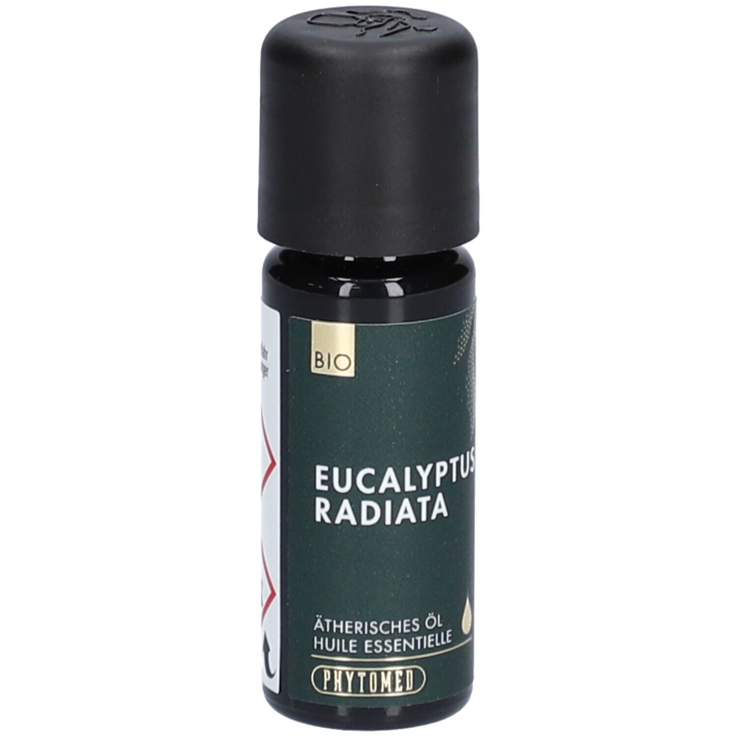 Flacon en verre brun avec bouchon noir. Inscription: Eucalyptus Radiata, Huile essentielle, BIO. Marque: PHYTOMED.