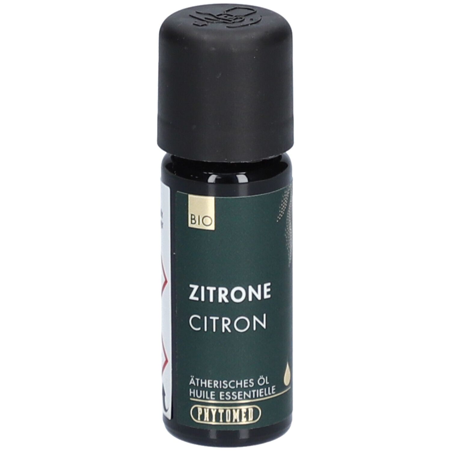 Flacon en verre brun avec bouchon noir. Inscription: Zitrone, Citron, Huile essentielle, label BIO, PHYTOMED.