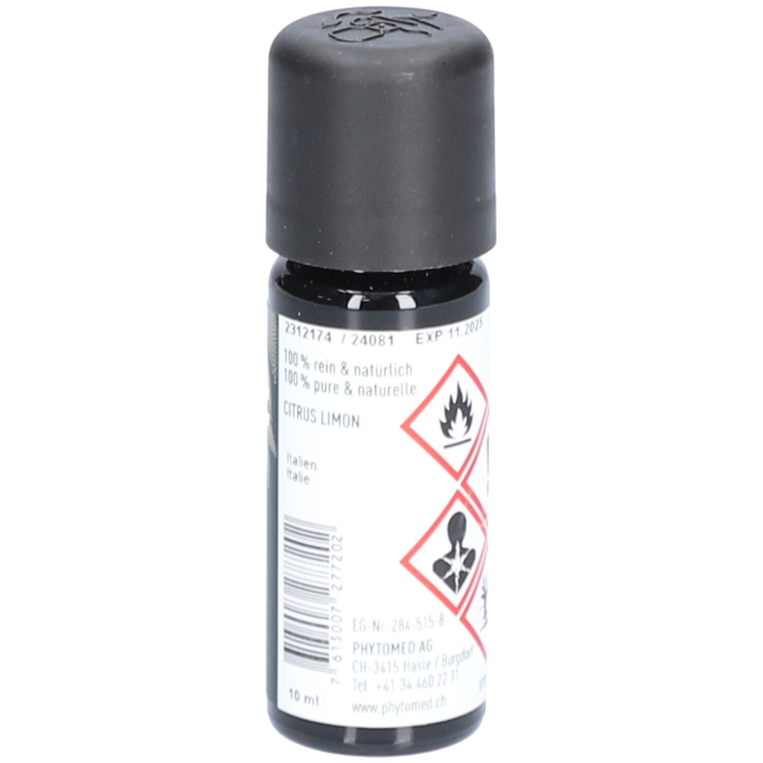 Flacon en verre brun avec bouchon noir. Inscription: 100% pur & naturel, Citrus Limon, EXP 11.2021, PHYTOMED.