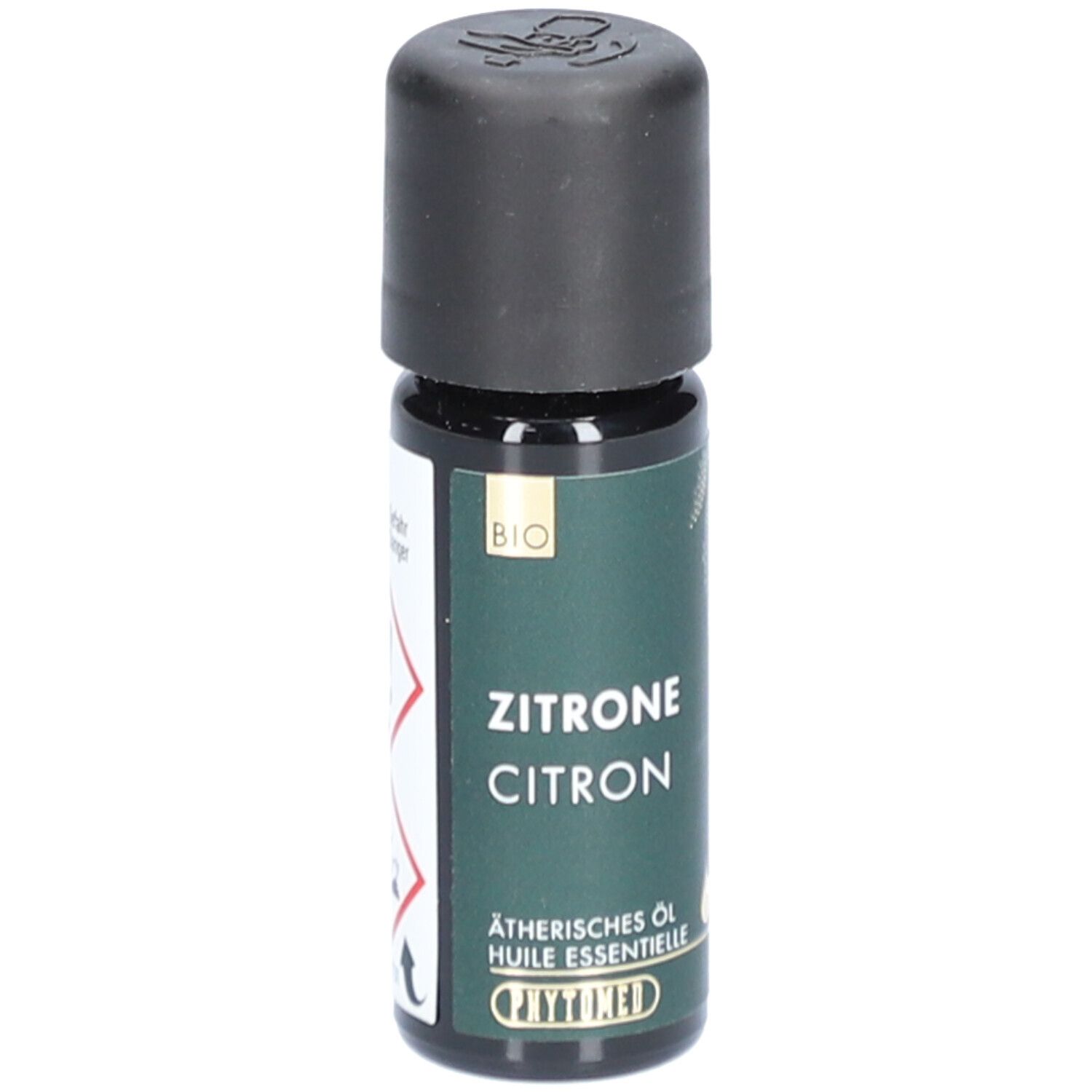 Flacon en verre brun avec bouchon noir. Inscription: Zitrone, Citron, Huile essentielle, label BIO, PHYTOMED.