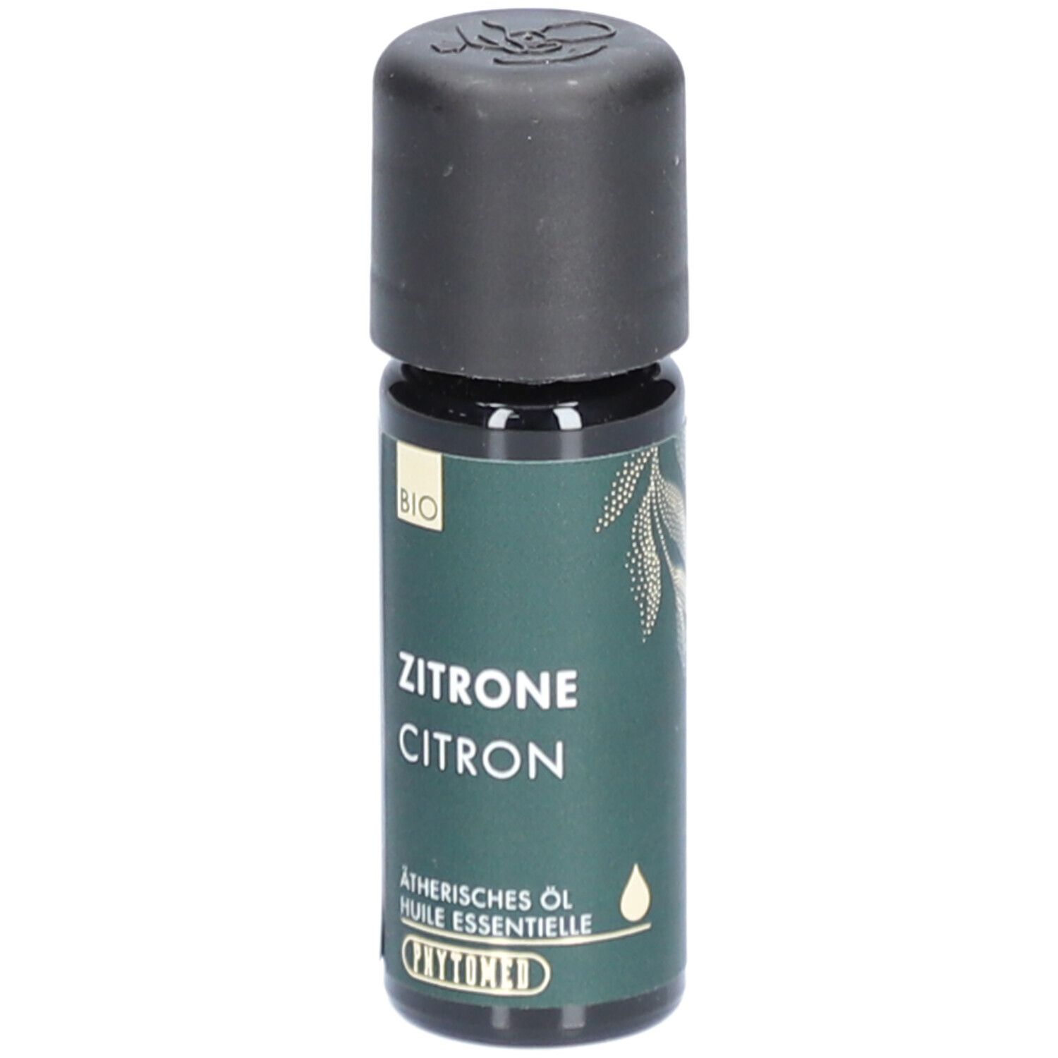 Flacon en verre brun avec bouchon noir. Inscription: Zitrone, Citron, Huile essentielle, label BIO, PHYTOMED.