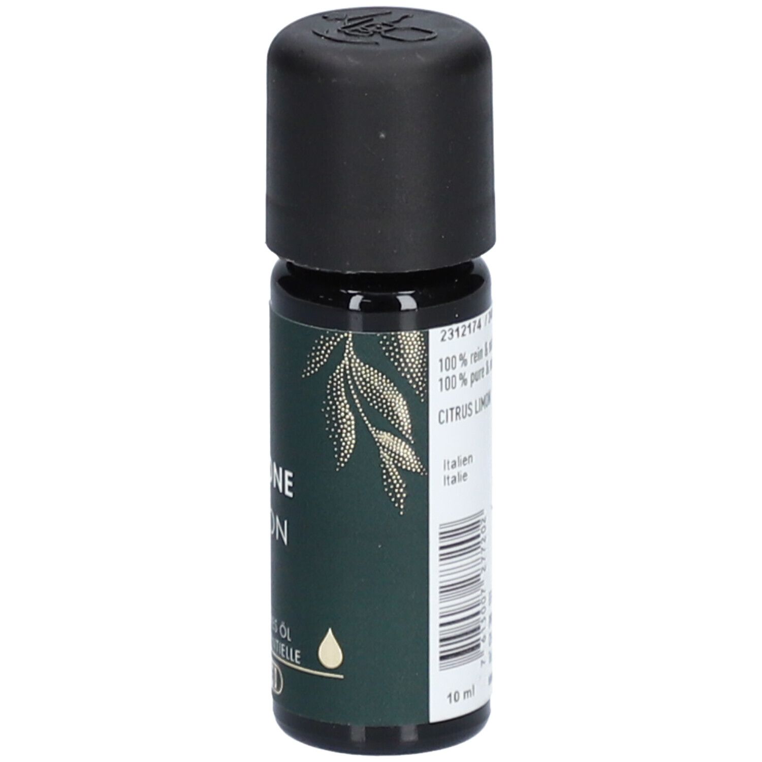 Flacon en verre brun avec bouchon noir. Inscription: Zitrone, Citron, Huile essentielle, label BIO, PHYTOMED, 10 ml.