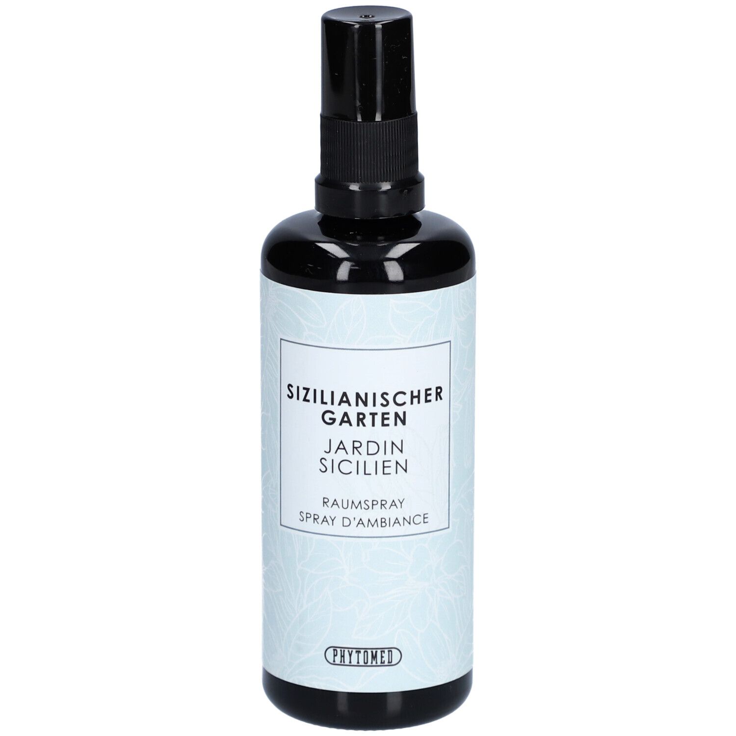 Flacon pulvérisateur noir avec étiquette blanche. Inscription : Sizilianischer Garten, Jardin Sicilien, Spray d'ambiance.