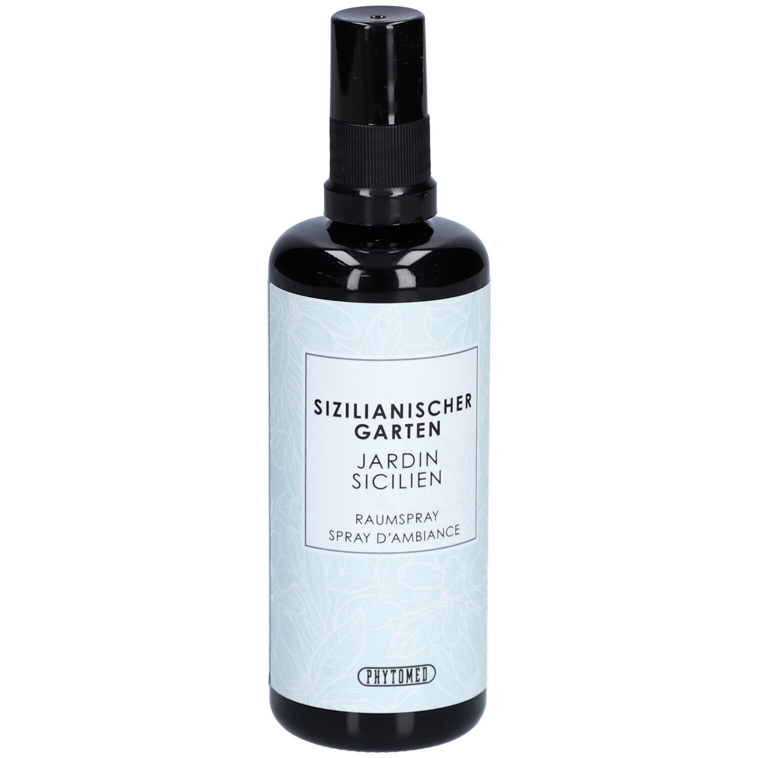 Flacon pulvérisateur noir avec étiquette blanche. Inscription : Sizilianischer Garten, Jardin Sicilien, Spray d'ambiance.