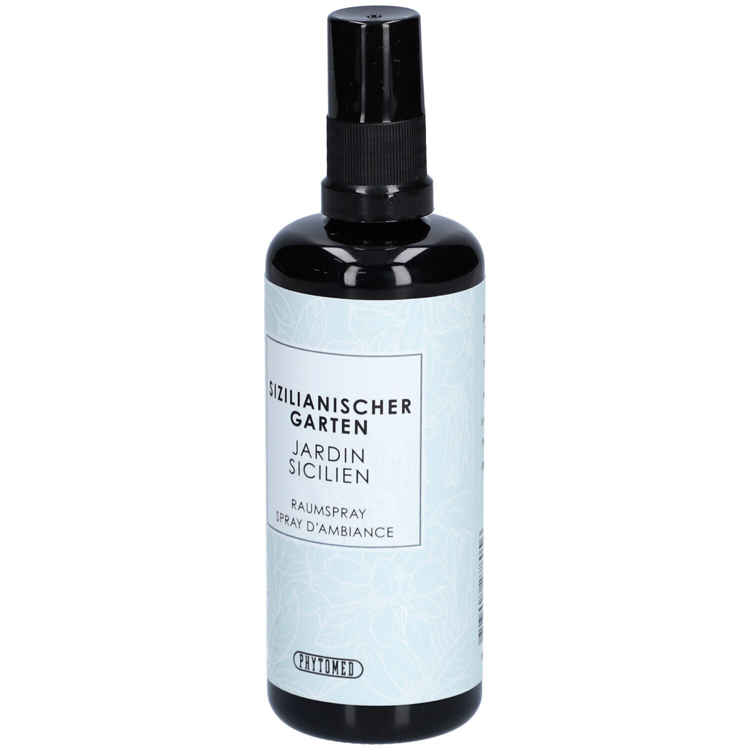 Flacon pulvérisateur noir avec étiquette blanche. Inscription : Sizilianischer Garten, Jardin Sicilien, Spray d'ambiance.
