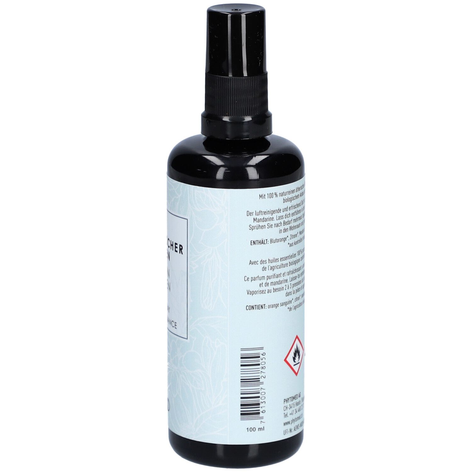Flacon pulvérisateur noir, dos avec texte et symboles de danger. Indication de volume de 100 ml.