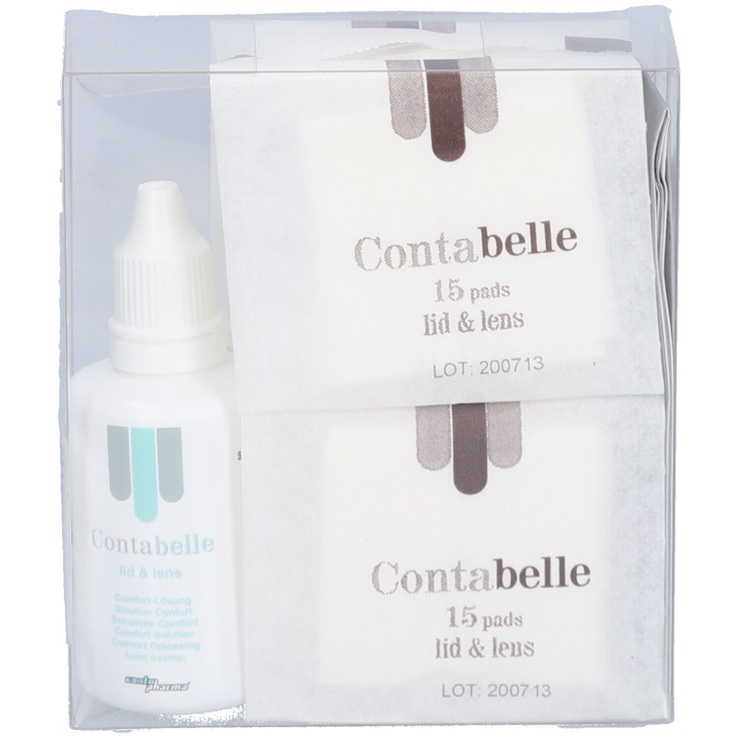 Emballage Contabelle Lid & Lens avec pads et flacon. Pads: 15 pièces. Flacon de liquide. Emballage plastique transparent.