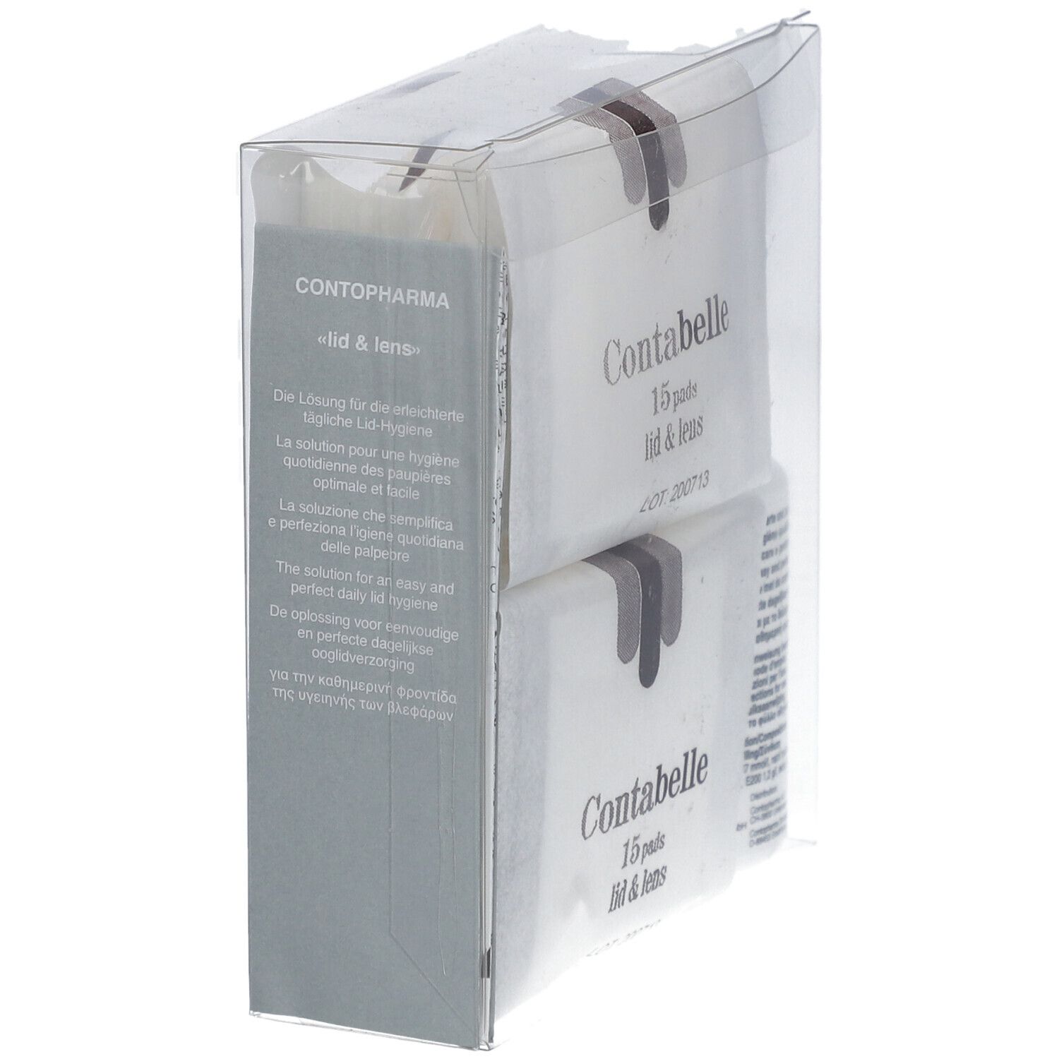 Ensemble Contabelle Lid & Lens en emballage plastique transparent. Pads: 15 pièces. Texte sur l'emballage.