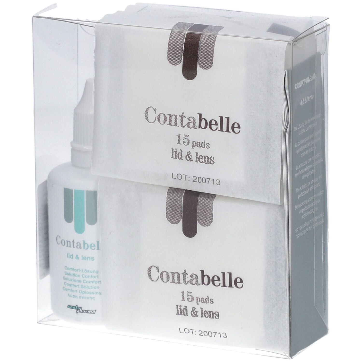 Ensemble Contabelle Lid & Lens en emballage transparent. Contient pads et flacon. Pads: 15 pièces. Nom du produit visible.
