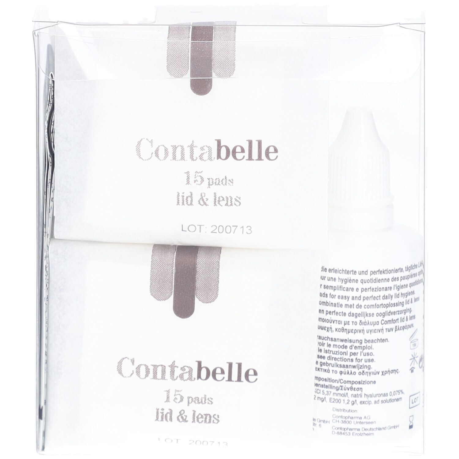 Ensemble Contabelle Lid & Lens en emballage transparent. Pads et flacon. Pads: 15 pièces. Flacon avec informations produit.