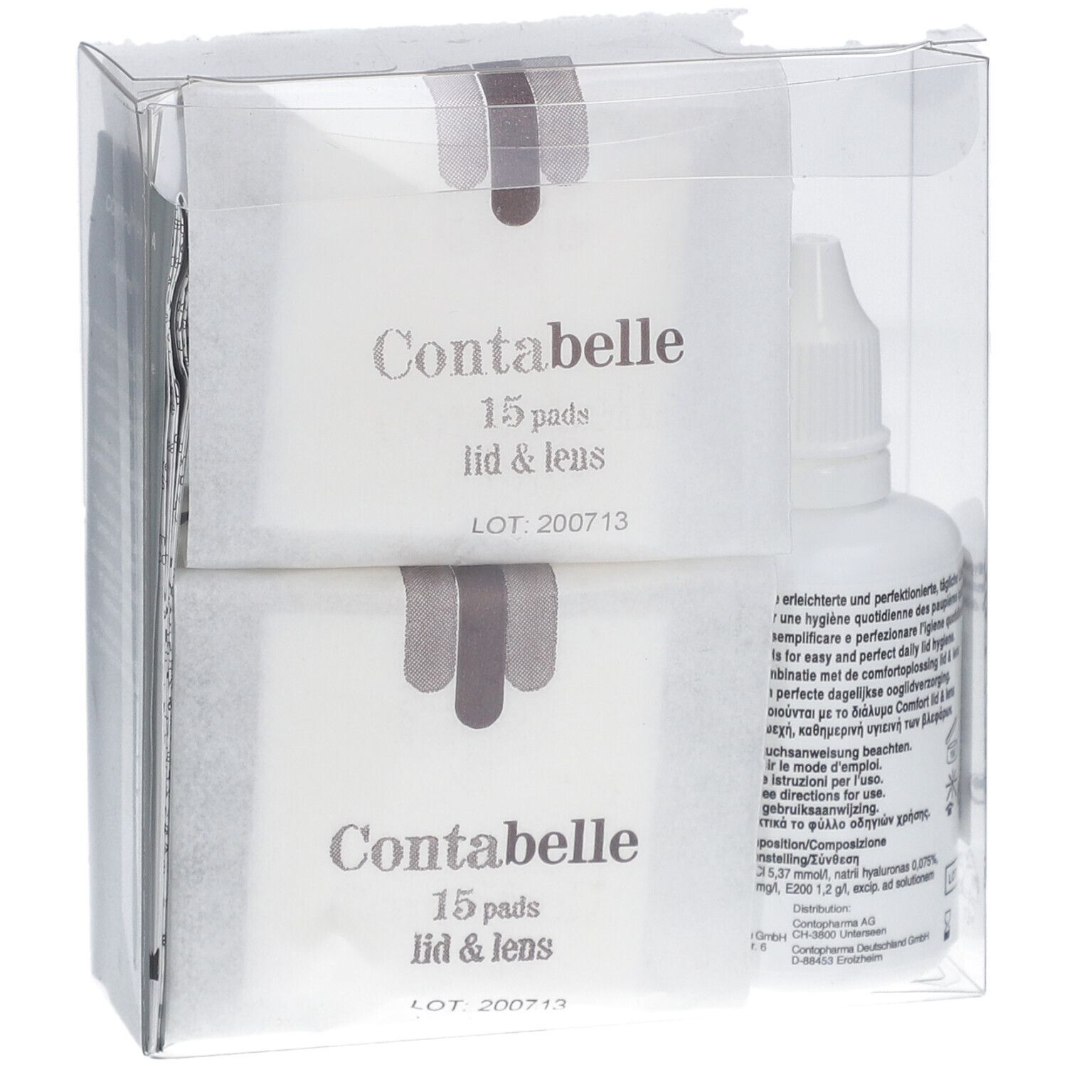 Ensemble Contabelle Lid & Lens en emballage transparent. Pads et flacon. Pads: 15 pièces. Flacon avec informations produit.