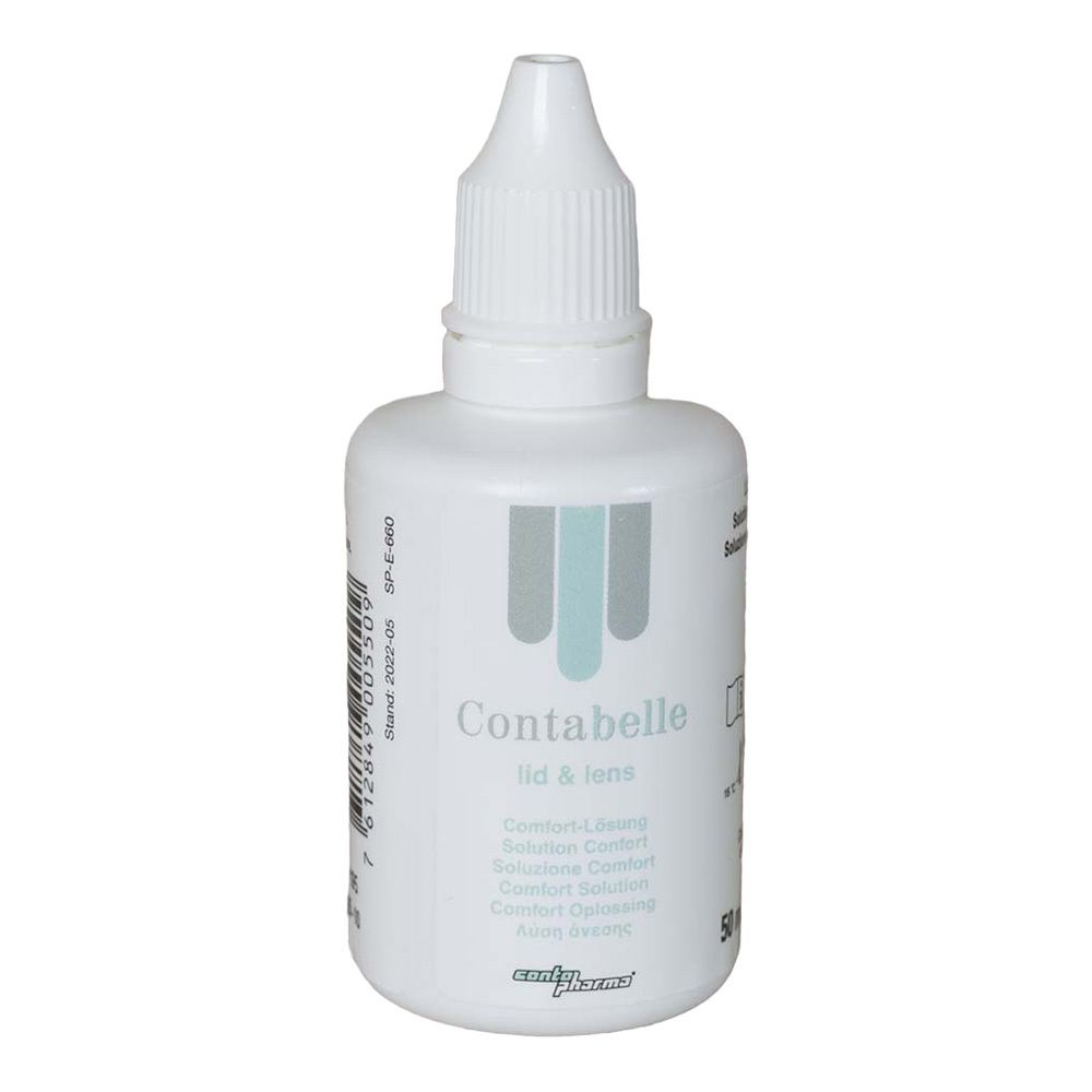 Flacon blanc avec bouchon compte-gouttes. Inscription : Contabelle lid & lens. Design turquoise-gris. 50 ml.