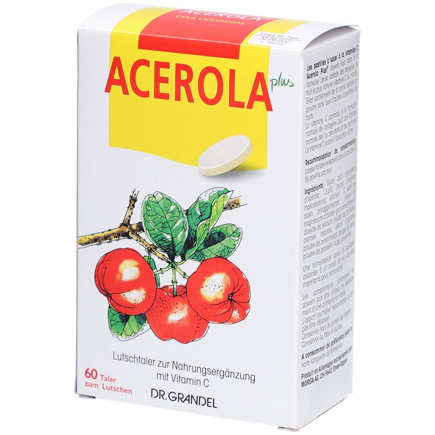 Boîte blanche Acerola Plus Lutschtaler. Inscription: Acerola plus, illustration de fruits d'acérola, 60 pastilles, DR. GRANDEL.