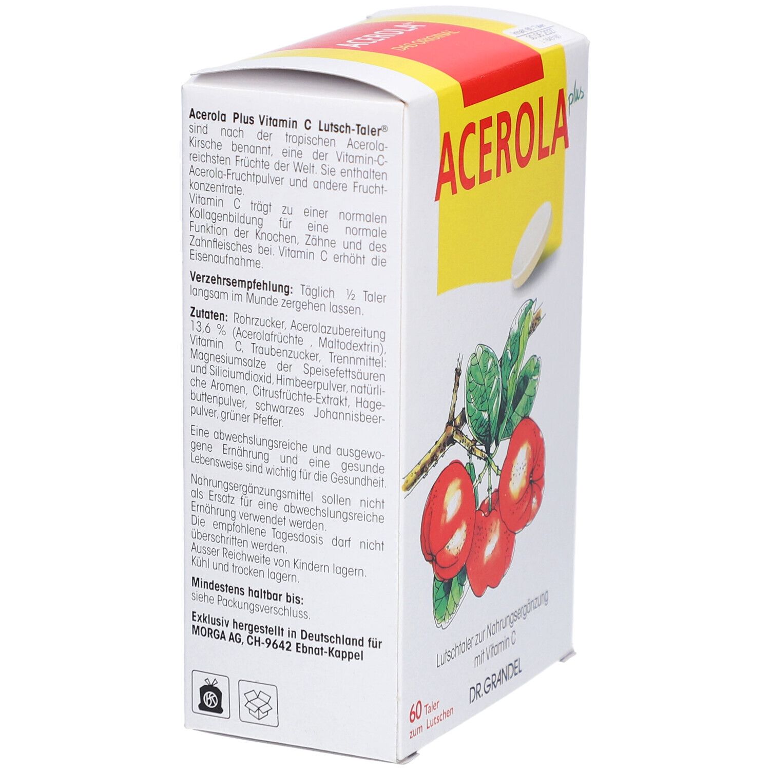 Boîte blanche, vue latérale. Inscription: Acerola Plus Vitamine C Lutsch-Taler, illustration de fruits d'acérola, 60 pastilles, DR. GRANDEL.