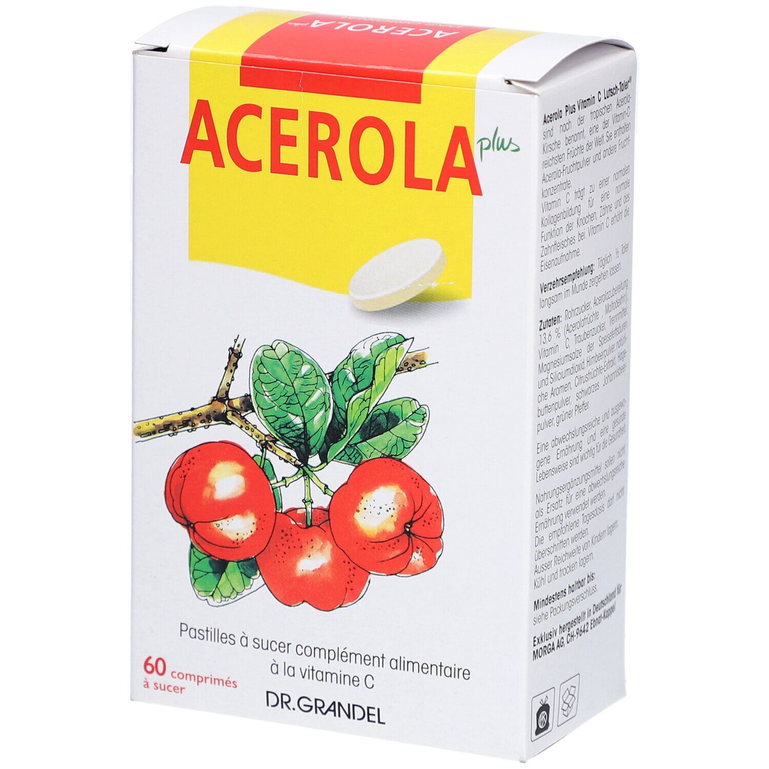 Boîte blanche Acerola Plus Lutschtaler. Inscription: Acerola plus, illustration de fruits d'acérola, 60 comprimés, DR. GRANDEL.