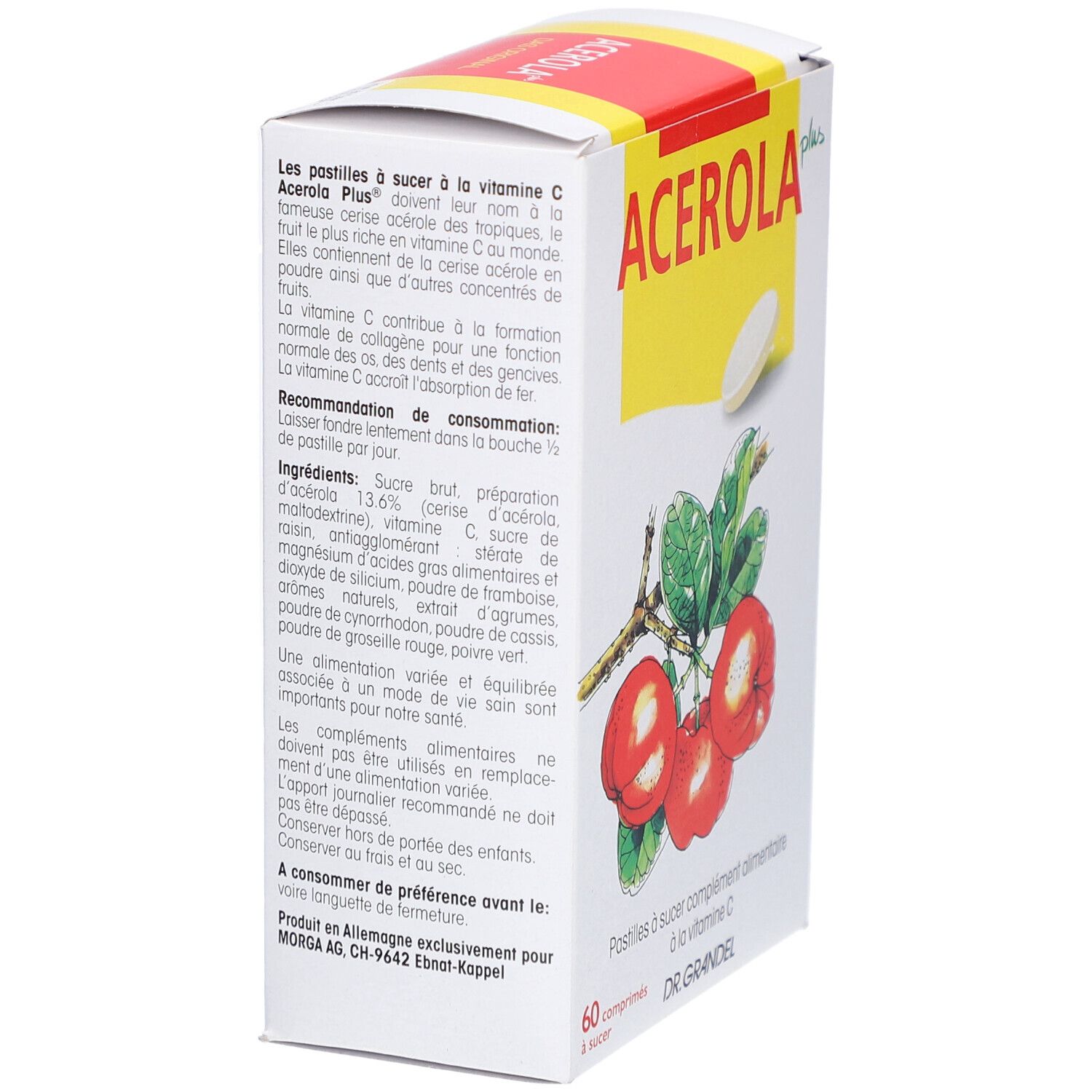 Boîte blanche, vue latérale. Inscription: Acerola Plus Vitamine C Lutsch-Taler, illustration de fruits d'acérola, 60 comprimés, DR. GRANDEL.